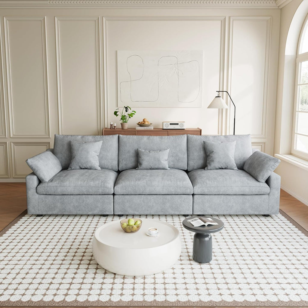 Modular Sectional Sofa Cloud Couch, 119.29' Oversized 3 Seater Sofa with Pillows, Linen Blend Fabric Minimalist Deep Seat Sofa Couches for Living Room, Sofa Covers Washable&Removable, Grey