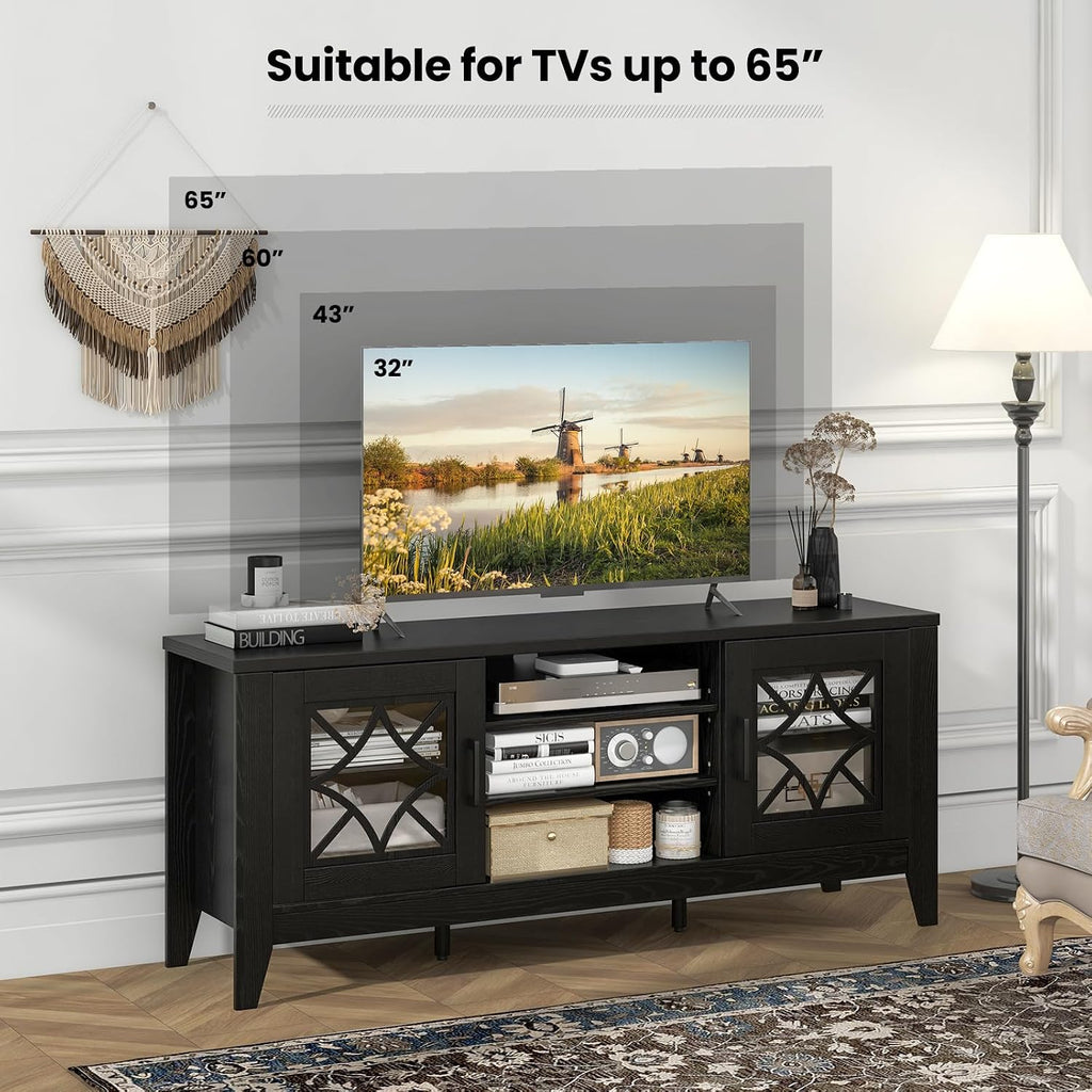 Giantex Farmhouse TV Stand for TVs up to 65', Entertainment Center with 4 Adjustable Storage Shelves & Tempered Glass Doors, Modern TV Console Table for Bedroom, Living Room