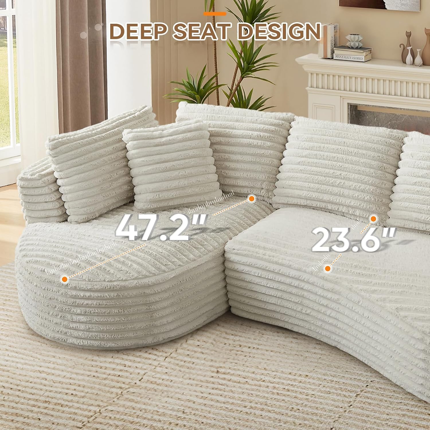 120'W Oversized Modern Curved Cloud Couch,Corduroy Modular Sectional Sofa with Chaise, L Shaped Boneless Couch, Compression Foam Sofa for Living Room Bedroom, No Assembly Required(Left Facing, Cream)