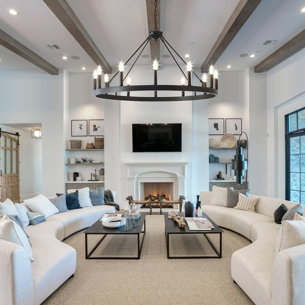 40 Inch Black Wagon Wheel Chandelier, 12-Lights Farmhouse Industrial Round High Ceiling Pendant Light Adjustable Chain for Outdoor Porch,Foyer,Dining Room, Living Room
