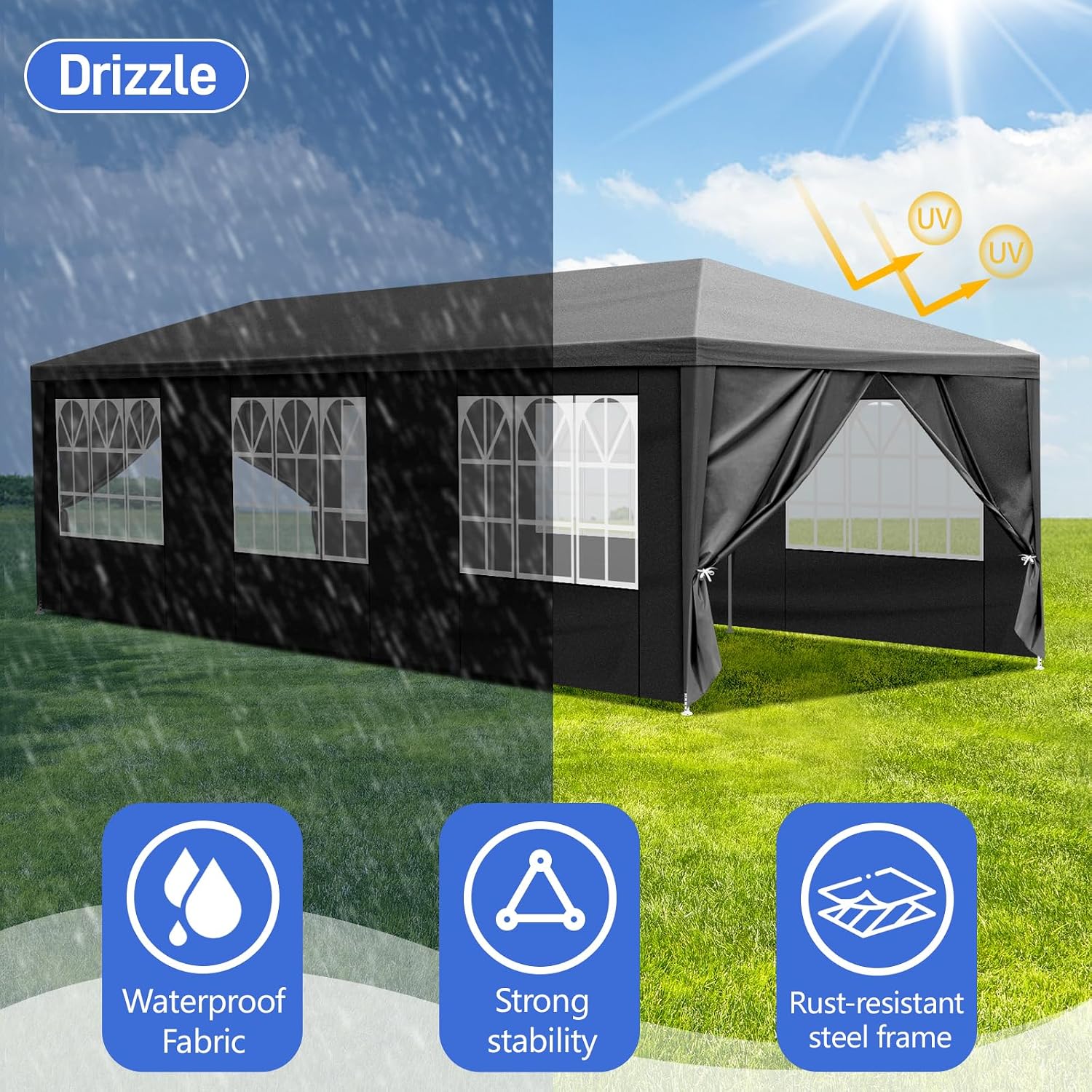 10'x30' Party Tent Outdoor Wedding Event Tents with 8 Removable Sidewalls, Heavy Duty Gazebo, Large Canopy Waterproof for Parties Patio Birthday Christmas Black