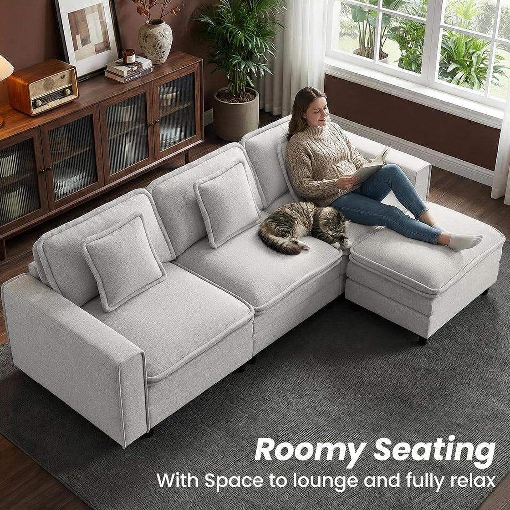 MALOL Modular Sectional Sofa 107', Comfy Cloud Couch with Ottoman, Deep 4-Seat L Shaped Modular Sofa, Couches with Throw Pillows for Living Room, Beige