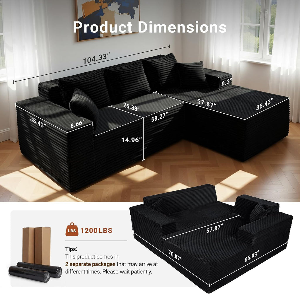 Claiks 104' Boneless Couch, Cloud Couch Sectional, L-Shape Corduroy Modular Sectional Sofa Deep Seat, Upholstered Couches for Living Room, No Assembly Required, Black, Right Facing Chaise