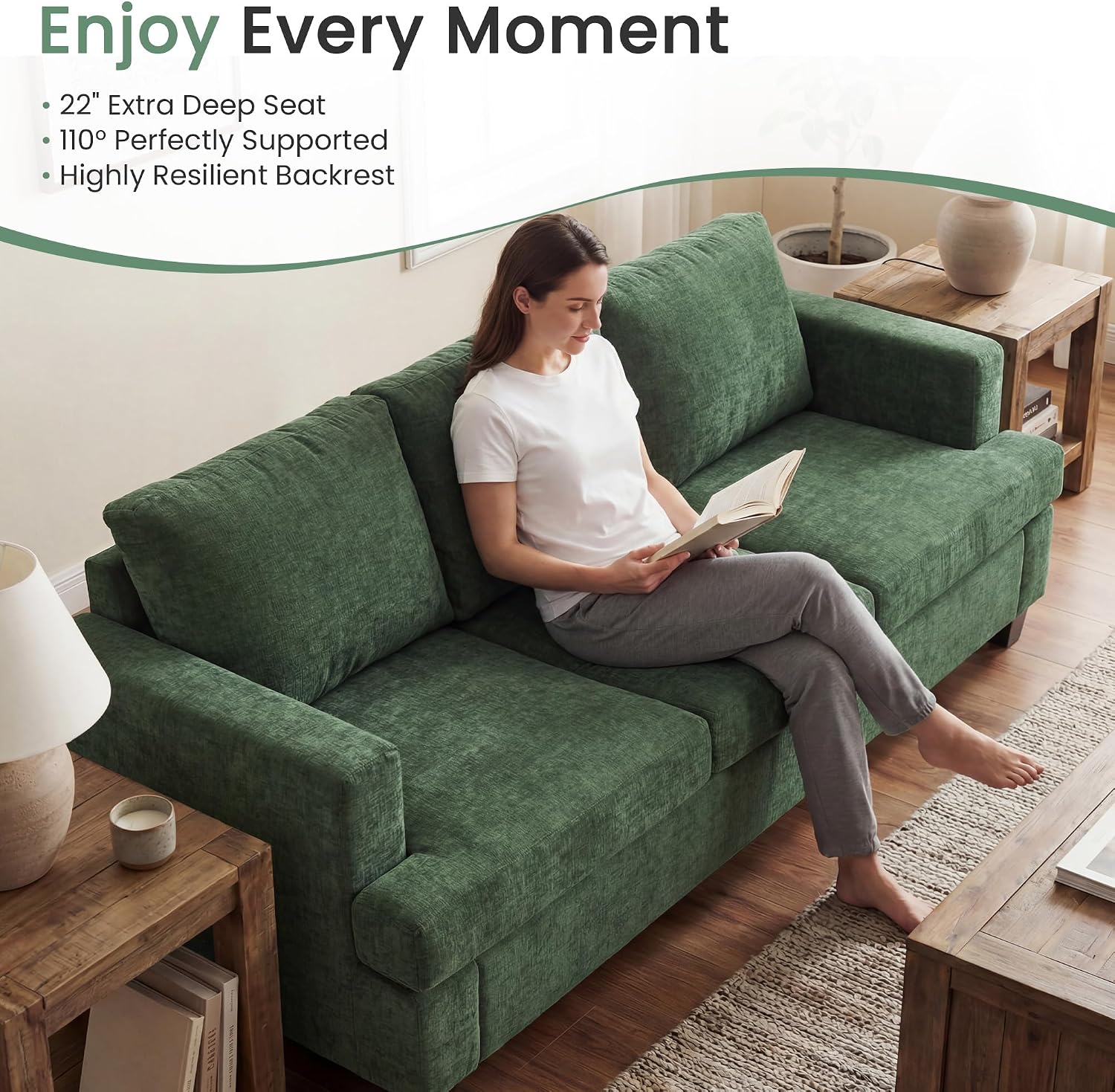YOUDENOVA 2 Piece Set Comfy Sofa Couch, 3 Seater & Loveseat Sofa with Deep Seats, Modern Sleeper Couch for Living Room, Green Chenille