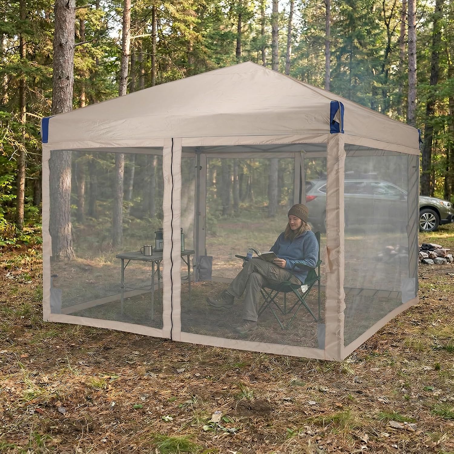 Aoodor 10x10 Ft Pop Up Canopy Tent with Netting, Water-Resistant 210D Oxford Fabric Shade, Easy Assembly Commercial Gazebo with Wheeled Carry Bag & 4 Sand Bags for Camping, Party, Khaki