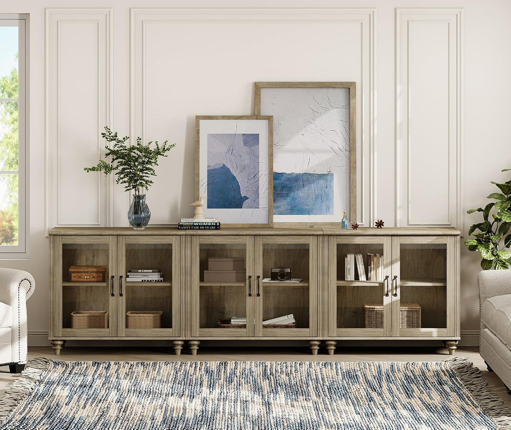 WAMPAT 100 Inch TV Stand with Glass Door, Wood TV Cabinet Entertainment Center for 75/80/85 Inch TV, 3-in-1 Kitchen Buffet Cabinet with 6 Storage Cabinets for Dining Room & Living Room, Wash Grey