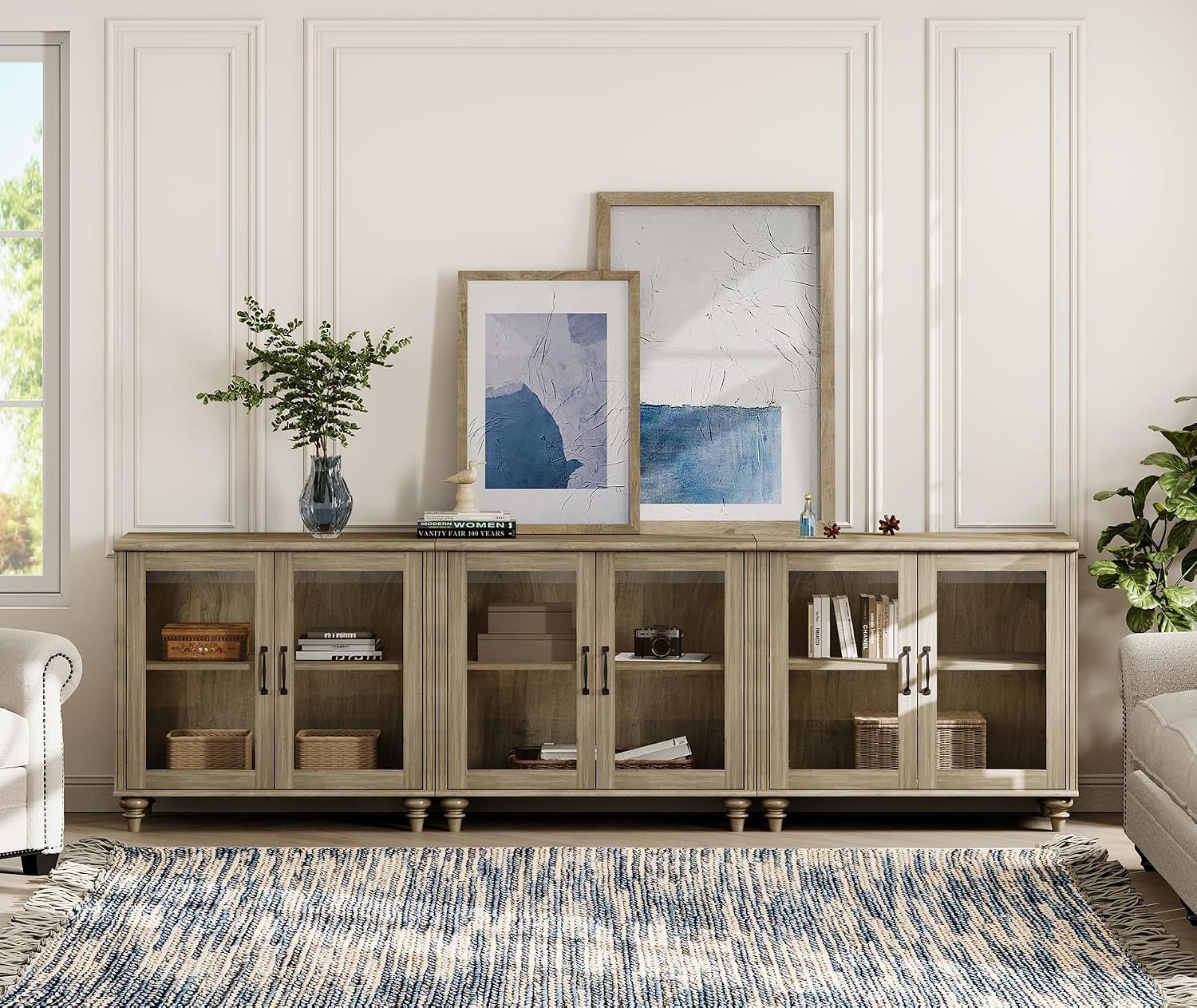 WAMPAT 100 Inch TV Stand with Glass Door, Wood TV Cabinet Entertainment Center for 75/80/85 Inch TV, 3-in-1 Kitchen Buffet Cabinet with 6 Storage Cabinets for Dining Room & Living Room, Wash Grey