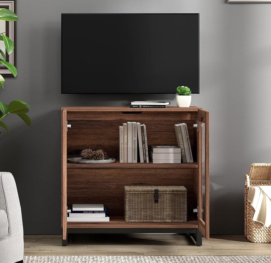 WAMPAT Modern TV Stand with Glass Doors for 26-40 inch TVs, Entertainment Center Console with Adjustable Shelves and Metal Base for Living Room, Bedroom, Brown