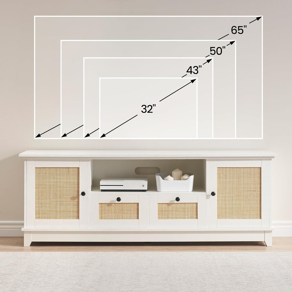 GAOMON Rattan TV Stand for 65 Inch TV, Boho Entertainment Center, TV Console with 2 Cabinets & Adjustable Shelf, Modern TV Stand with Storage (White Desktop)