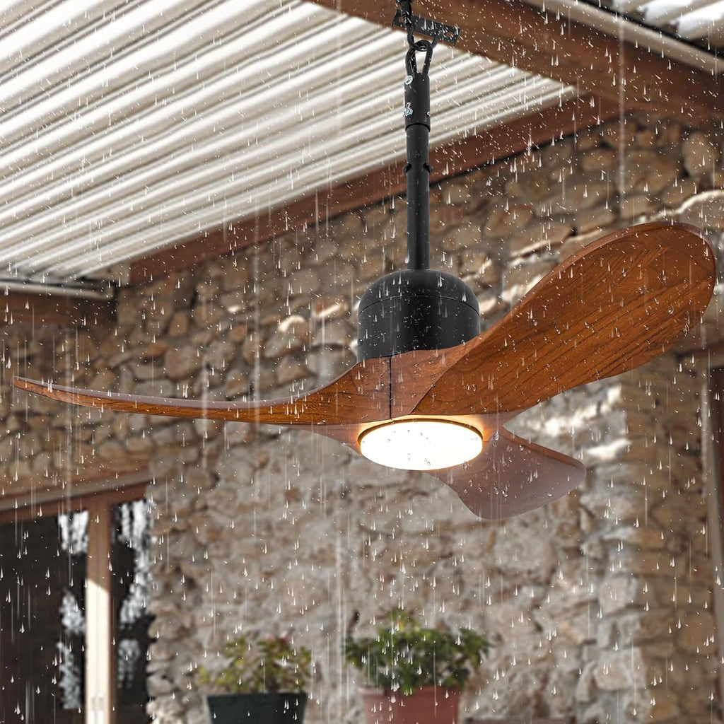 34 Inch Outdoor Ceiling Fan with Light and Remote, Wet Rated Wood Gazebo Fan with 16ft Plug-in Cord, 3 Walnut Blades Farmhouse Patio Fan, Reversible DC Motor, Memory Function, Matte Black
