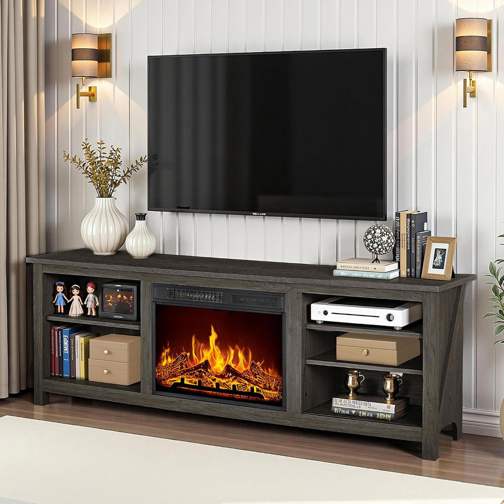 AMERLIFE Fireplace TV Stand, Wood Texture Entertainment Center with 23' Electric Fireplace, Farmhouse Entertainment Stand Media TV Console for TVs Up to 80', 70 inches, Rustic Grey
