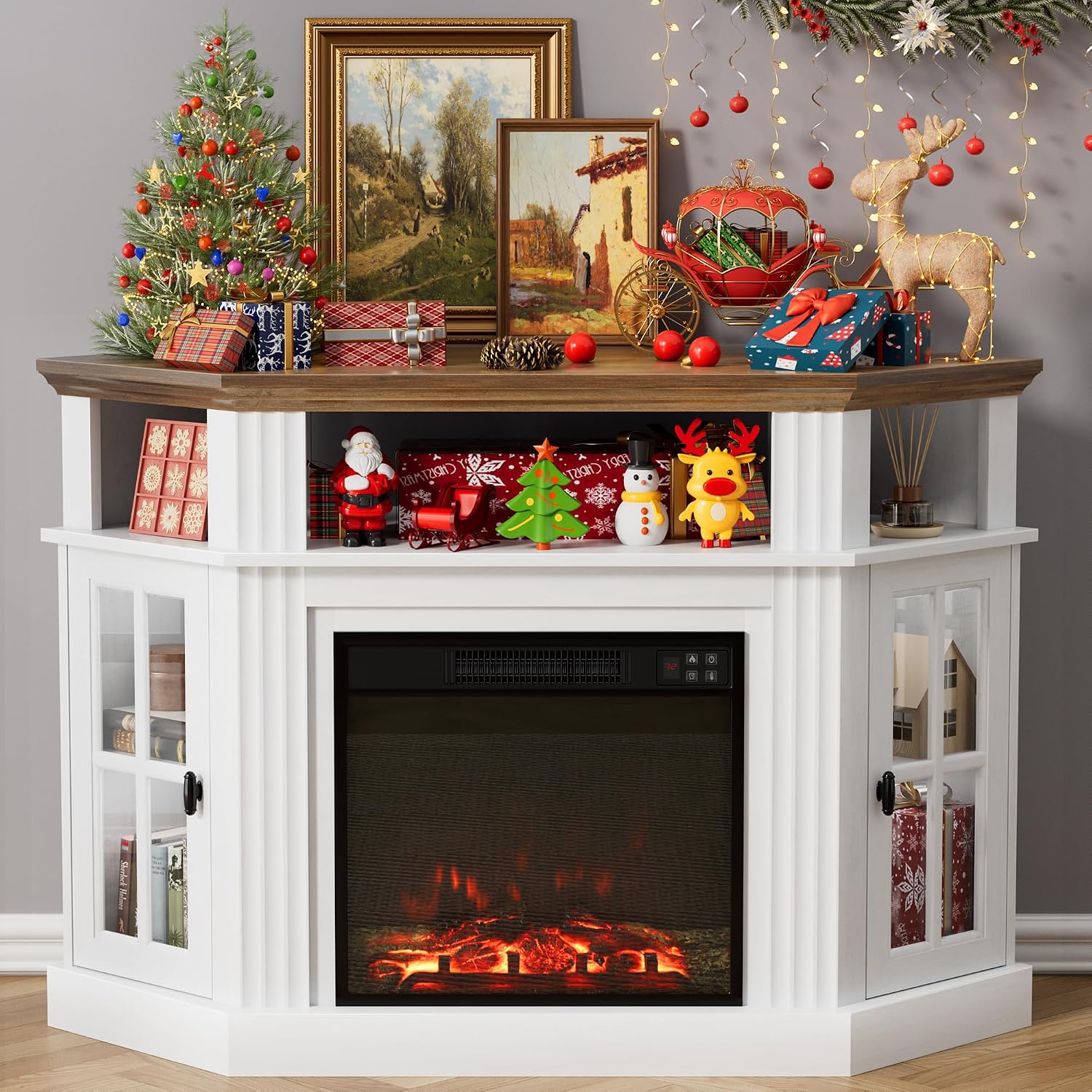 Furmax Fireplace Corner TV Stand for Up to 55 Inch, Modern Console with 18 Inch Electric Fireplace, Entertainment Center with Open Shelf and Storage Cabinets for Living Room (Antique White)