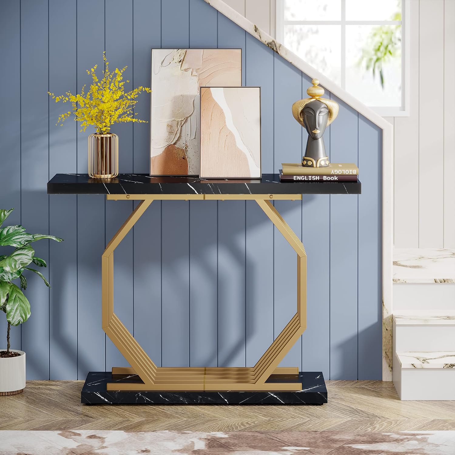 Tribesigns Gold Console Table, Faux Marble Entryway Table Narrow Sofa Table with Geometric Metal Base, 40 Inch Modern Accent Table Entrance Table for Living Room, Hallway, Foyer, Black