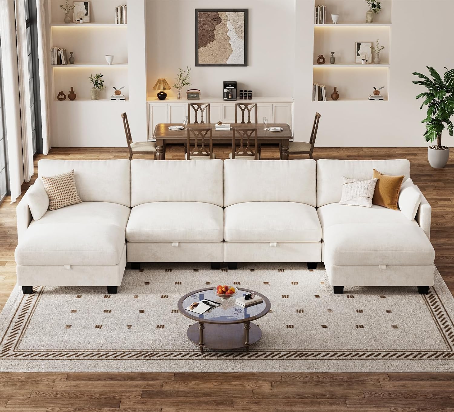 Modular Sectional U Shaped Sofa Couches for Living Room, Cloud Couch with Storage Ottoman, Comfy Chenille Sofa with Pillow, Beige