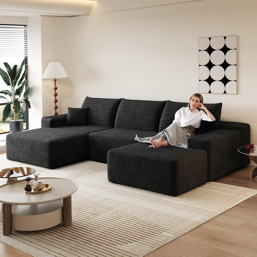107' Comfy U-Shaped Sectional Modern Boneless Corduroy Couch with Chaise ‌and Ottoman‌ - No Assembly Required! Deep-Seat, Upholstered Modular Cloud Sofa for Living Room, Plush Corduroy Fabric(Black)