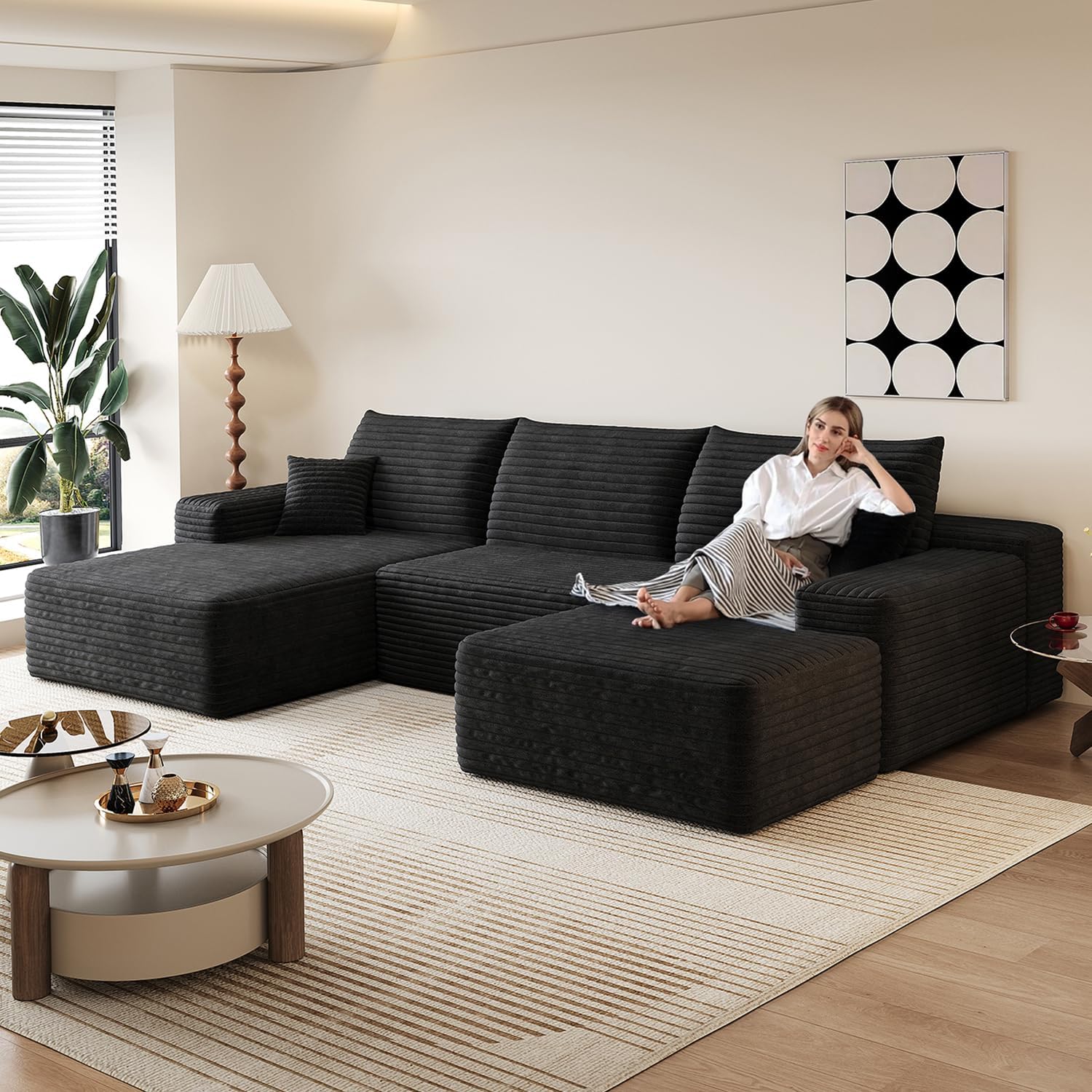 107' Comfy U-Shaped Sectional Modern Boneless Corduroy Couch with Chaise ‌and Ottoman‌ - No Assembly Required! Deep-Seat, Upholstered Modular Cloud Sofa for Living Room, Plush Corduroy Fabric(Black)