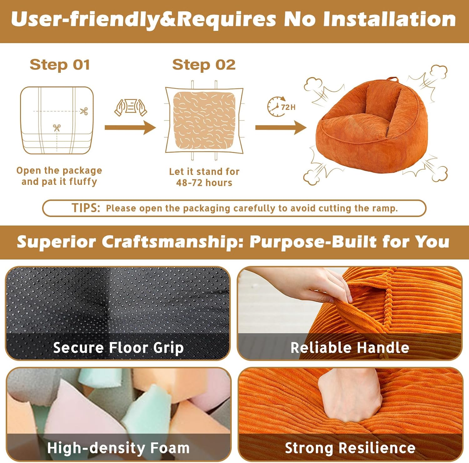 Bean Bag Chair, Cozy Fluffy Beanbag Chairs with Filler for Teens and Kids, Floor Lazy Sofa for Living Room Gaming & Reading (M-Burnt Orange)