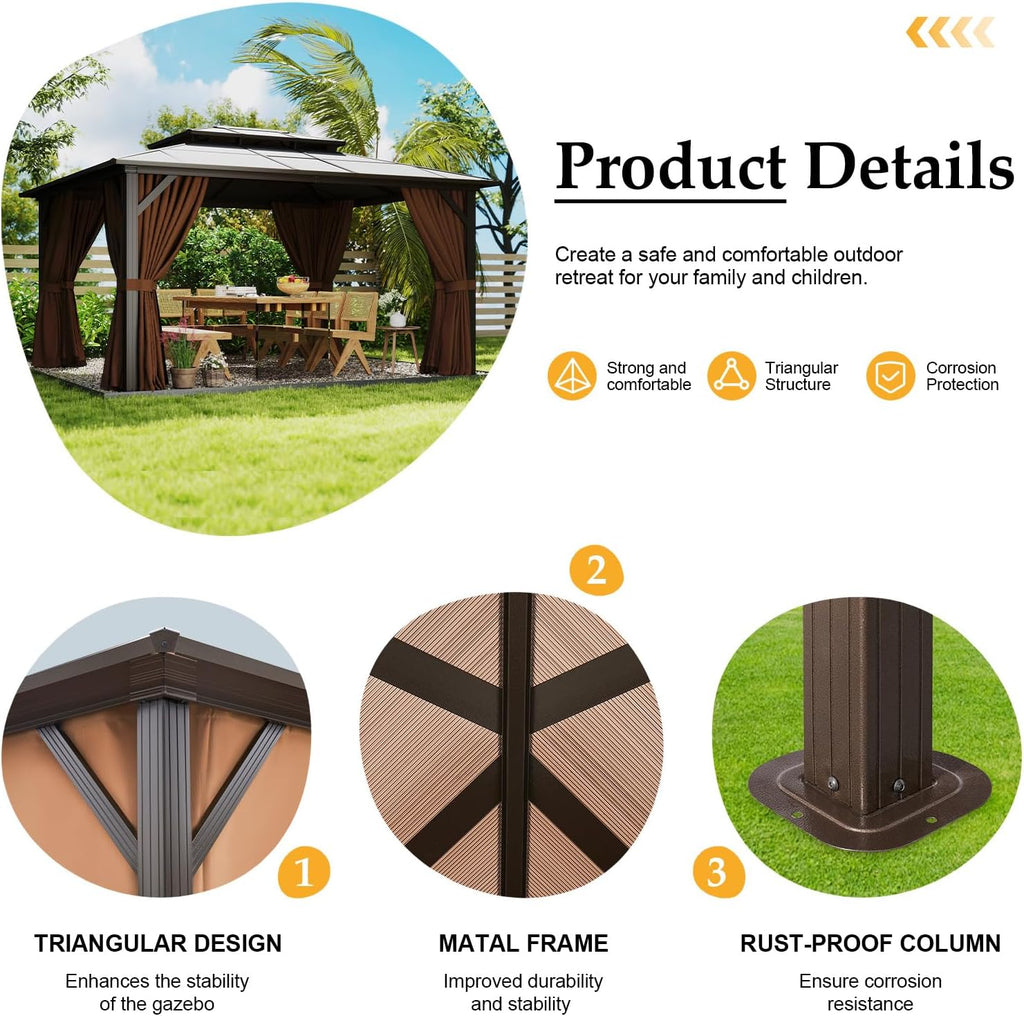 12' x 14' Double Roof Gazebo with Polycarbonate Panels – Durable Aluminum Frame, Outdoor Pavilion with Curtains for Patio, Garden & Backyard