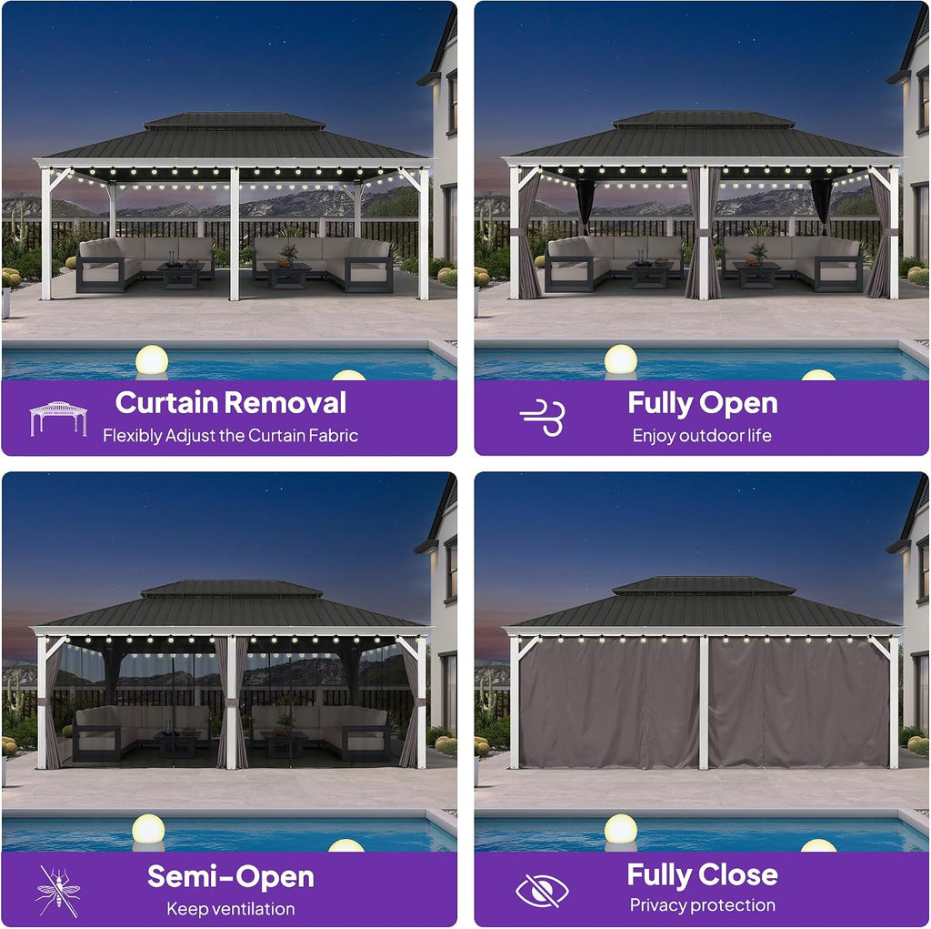 PURPLE LEAF 14' X 20' Outdoor Gazebo with Double Galvanized Steel Hardtop Double Roof Awning and Upgrade Curtain for Patio Lawn and Garden, Grey