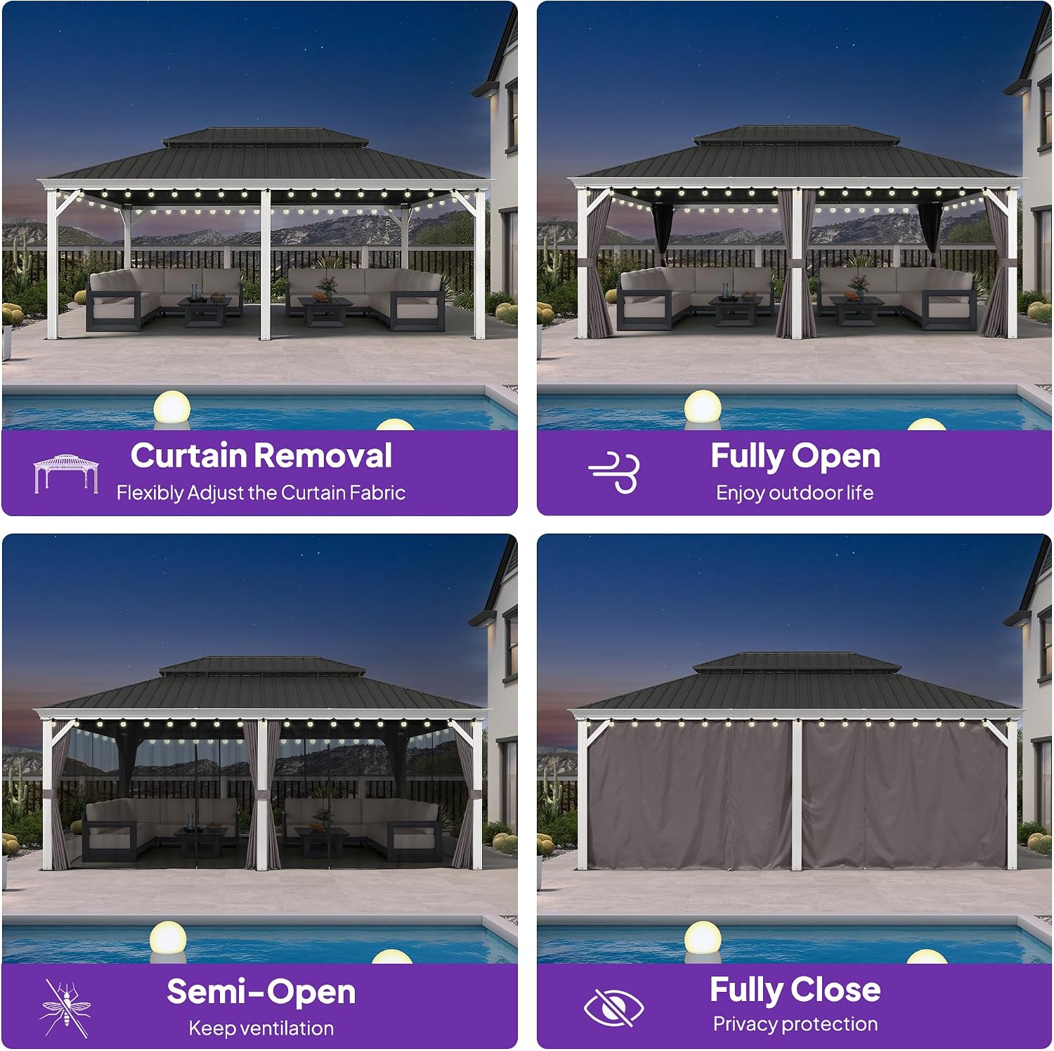 PURPLE LEAF 14' X 20' Outdoor Gazebo with Double Galvanized Steel Hardtop Double Roof Awning and Upgrade Curtain for Patio Lawn and Garden, Grey