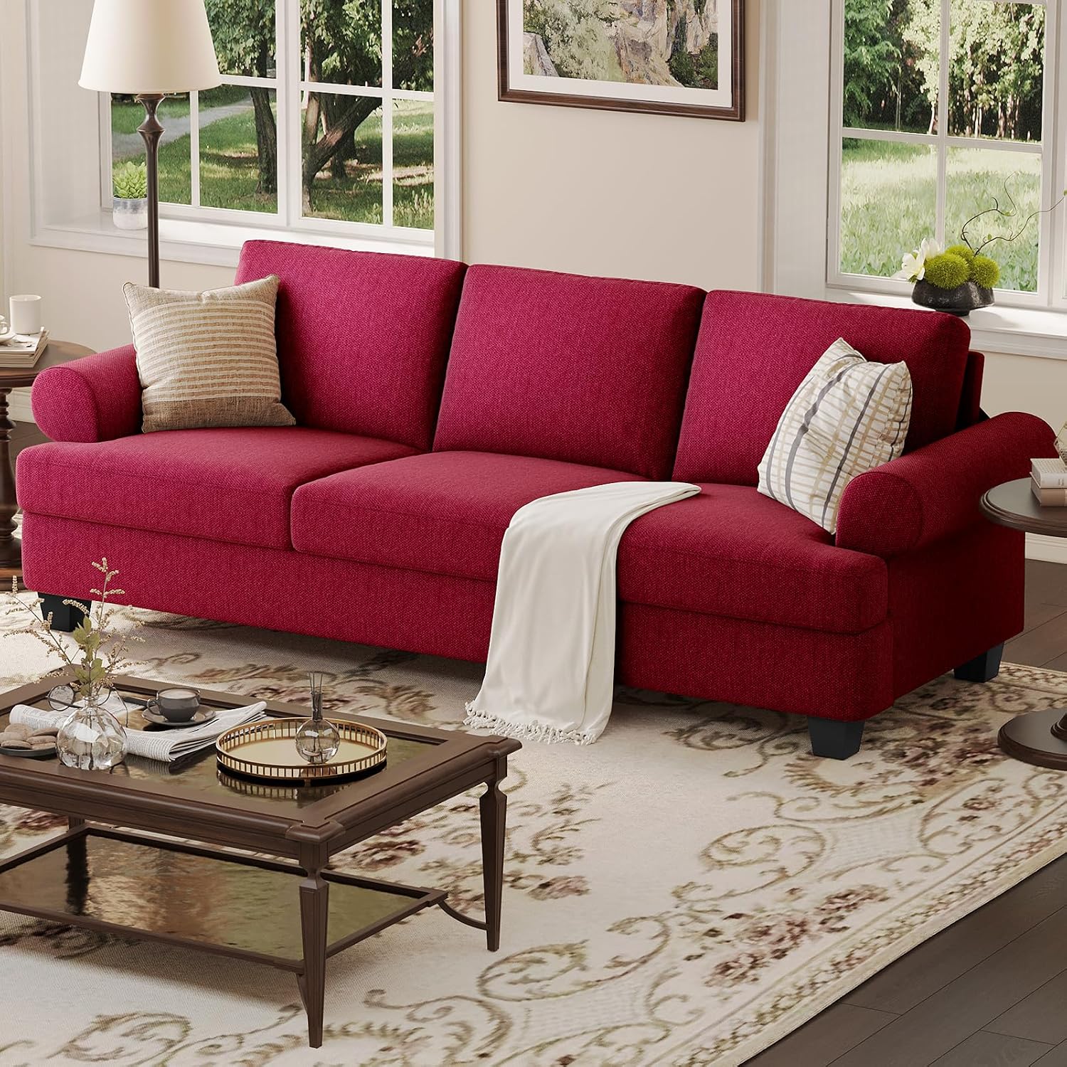 COPIAE 91 Inch Lawson Sofa with Extra Deep Seats Oversize, Mid-Century 3-Seat Sofa Couch, for Living Room, Apartment, Lounge, Red