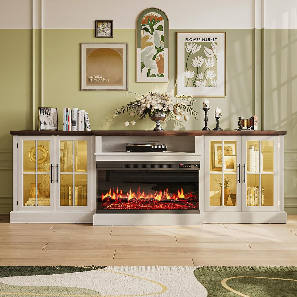 98' Farmhouse TV Stand with 36' Fireplace for TVs up to 100', Media Entertainment Center with Adjustable Shelves and Large Storage Cabinets, for Living Room, White & Black