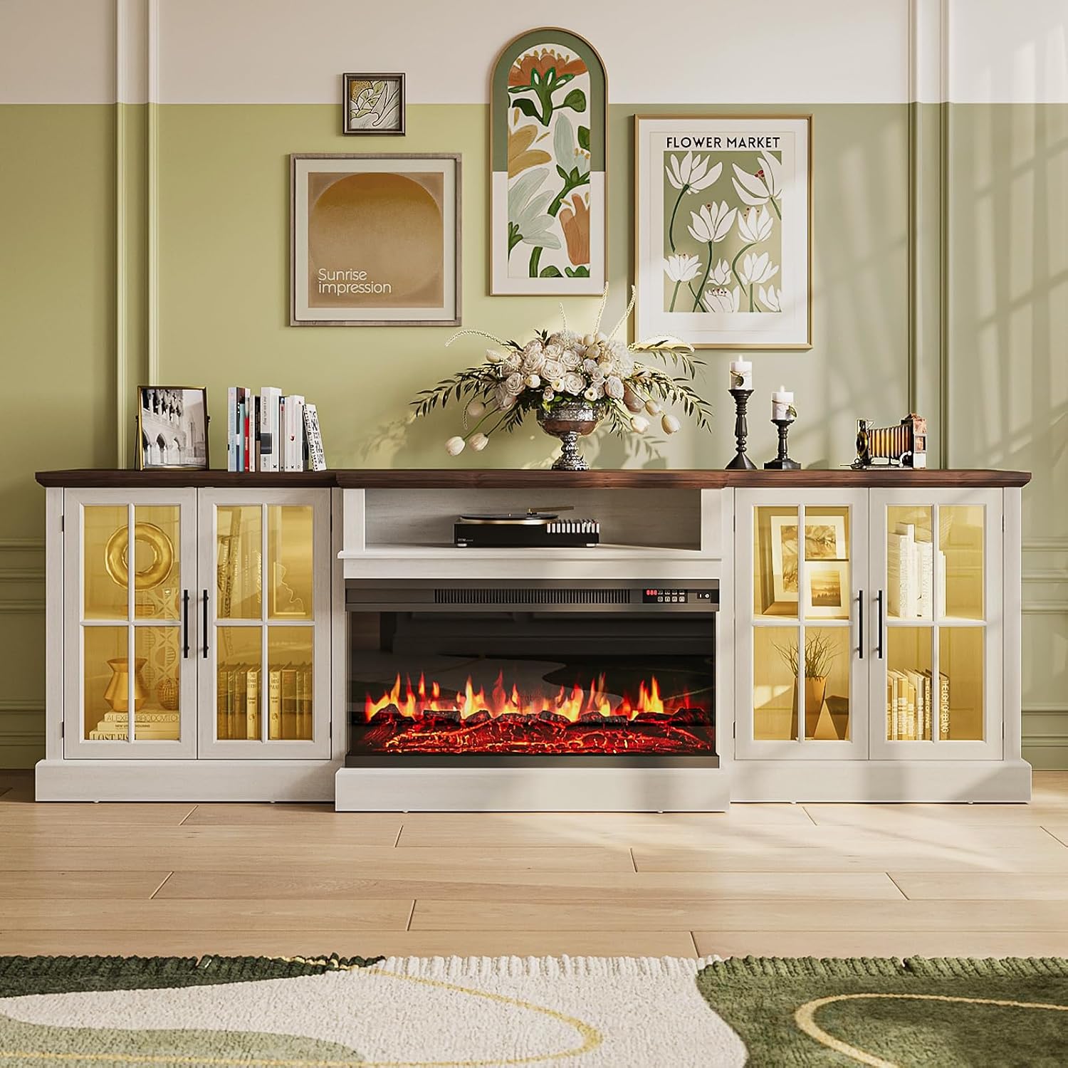 98' Farmhouse TV Stand with 36' Fireplace for TVs up to 100', Media Entertainment Center with Adjustable Shelves and Large Storage Cabinets, for Living Room, White & Black