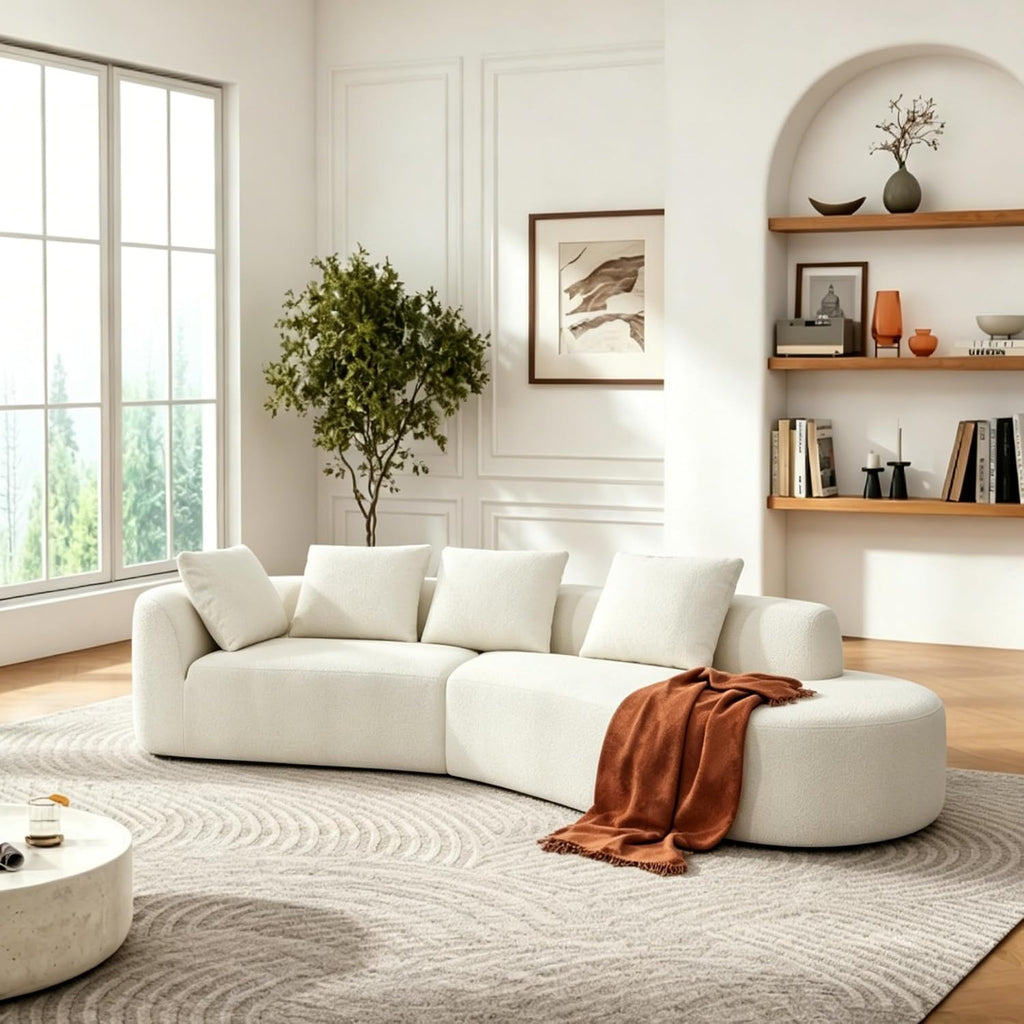 Merax 116' Curved Polyester Sectional Sofa, Modern Pearl Upholstery 3 Seat Cloud Couch with Chaise Lounge & 4 Pillows for Living Room, Beige