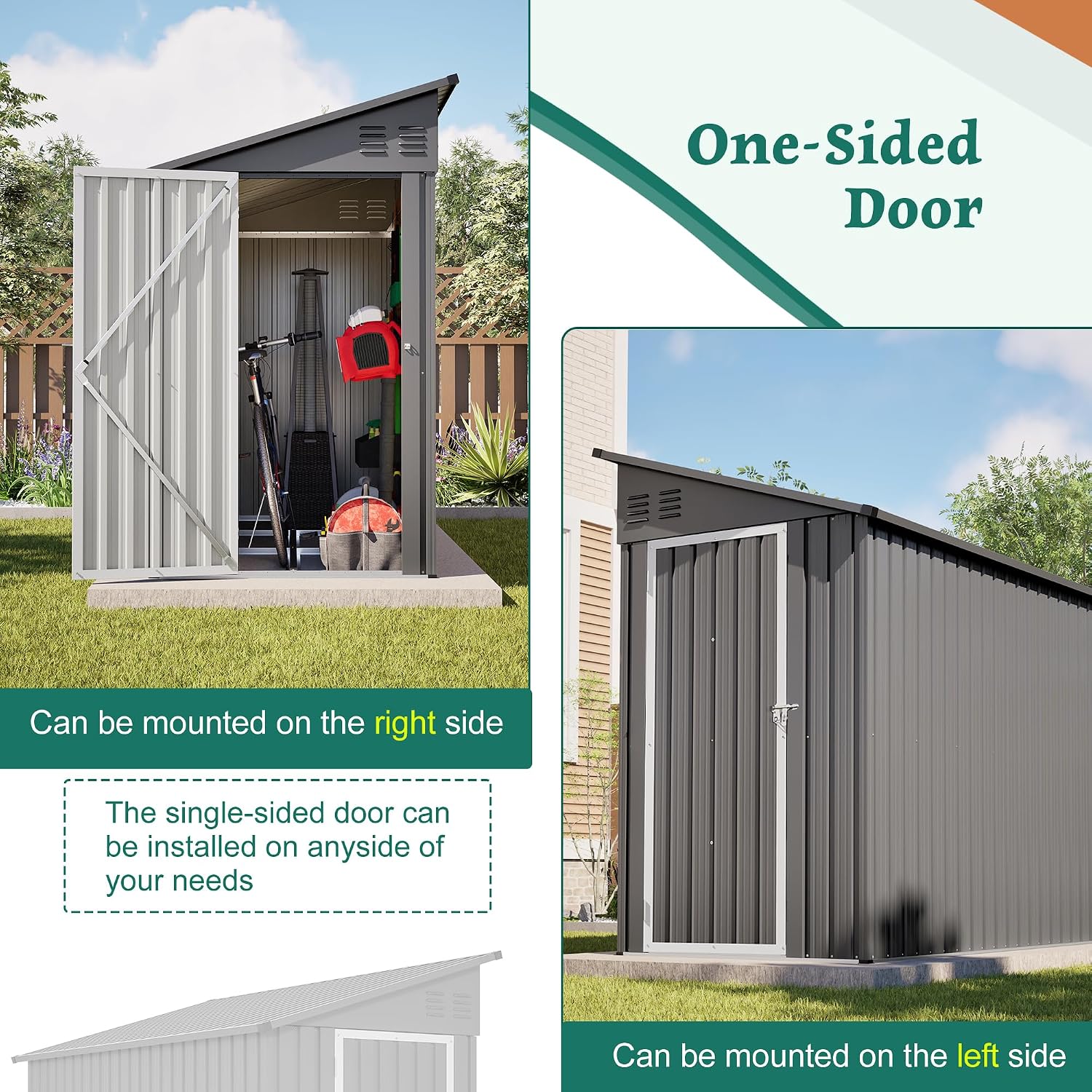 YOPTO 4×8 FT Lean to Metal Shed,Outdoor Heavy-Duty Storage Shed with Floor Base,All Weather Waterproof Garden Tool House W/Lockable Door&2 Air Vents,Reversible Door Design,for Backyard,Patio,Lawn,Gray
