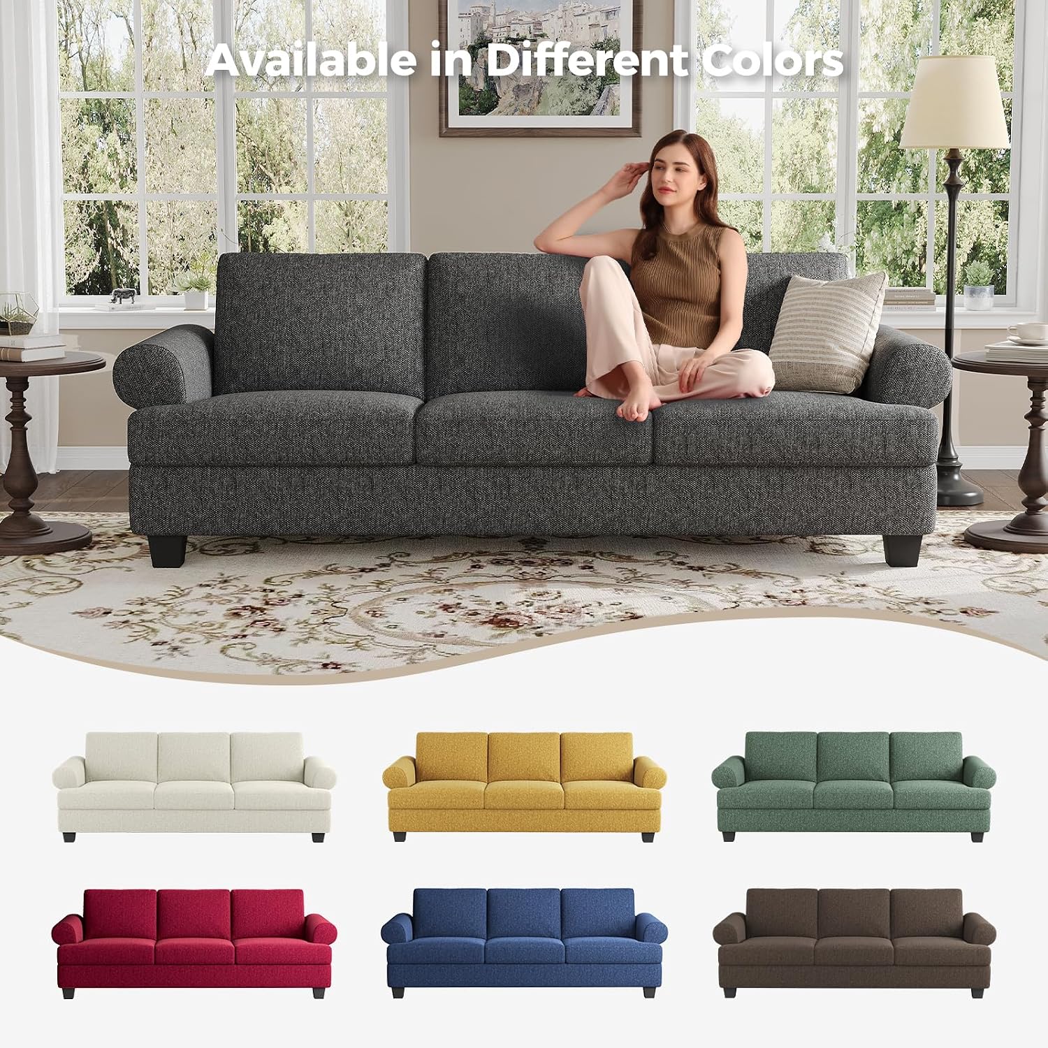 COPIAE 91 Inch Lawson Sofa with Extra Deep Seats Oversize, Mid-Century 3-Seat Sofa Couch, for Living Room, Apartment, Lounge, Dark Gray