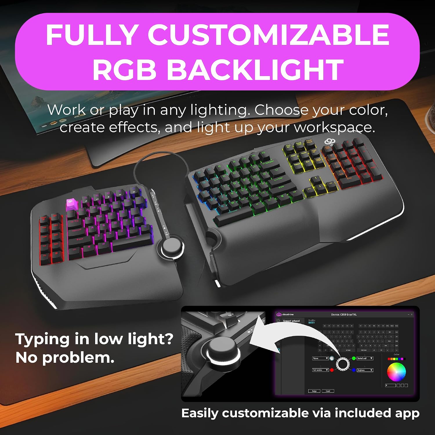 Cloud Nine C989 Ergonomic Mechanical Keyboard for PC - Kailh Linear Red Switches - RGB Light Up LED Backlit with USB - Ergo Split Key Board with Macro