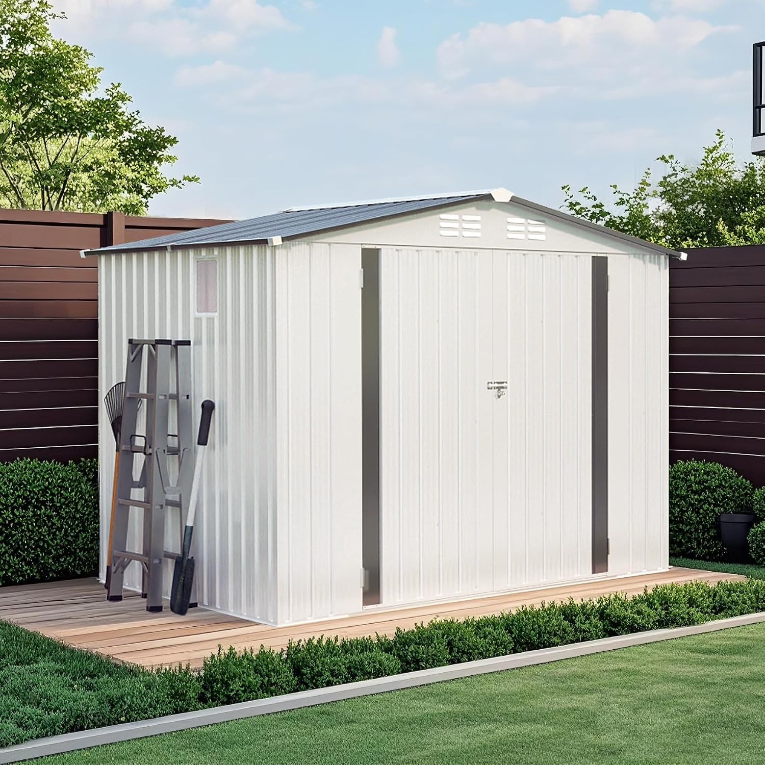 KEIKI 8x6 FT Outdoor Metal Storage Shed with Window and Lockable Door,Peaked Roof for Patio Backyard Garden