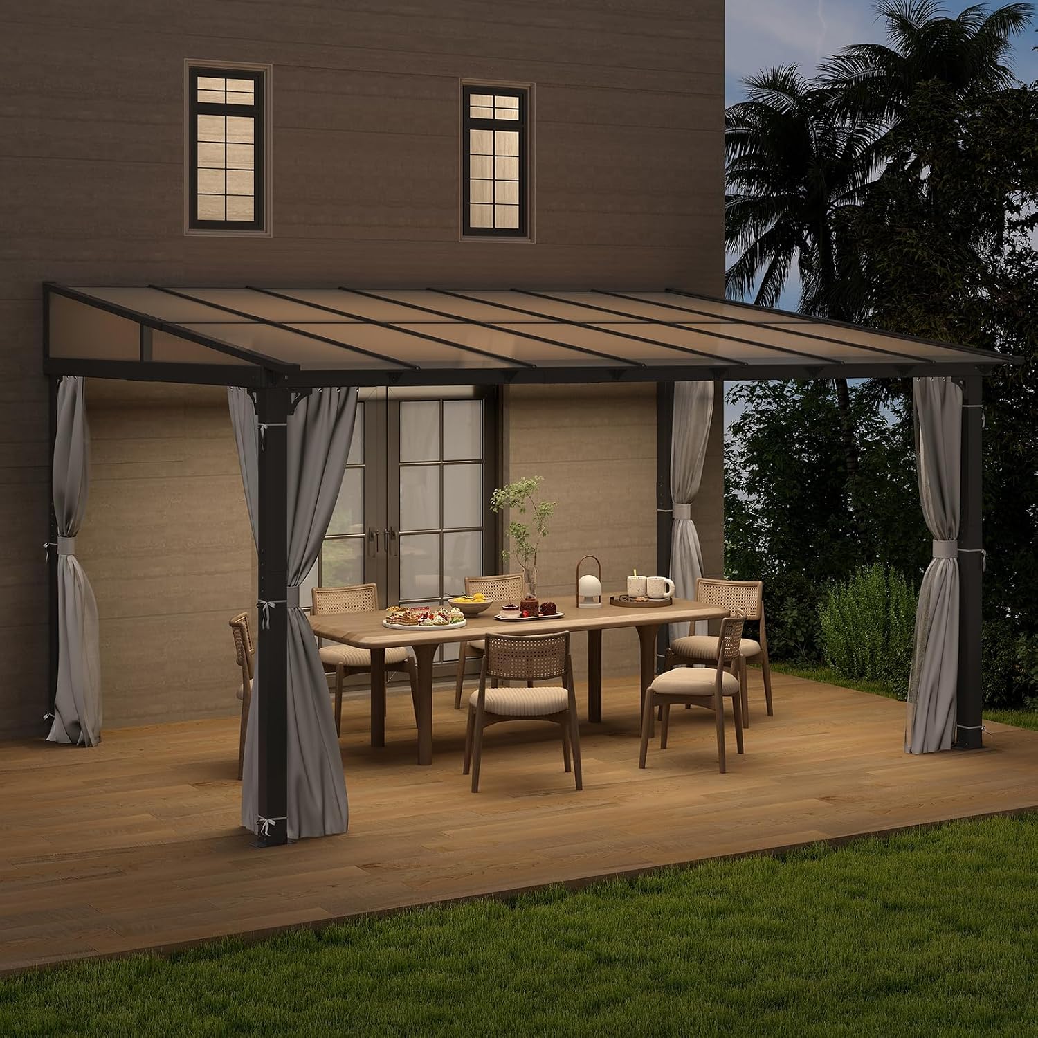 10'x13' Gazebo, Wall Mounted Gazebo Pergola with Aluminum Frame, Curtains and Netting for Patio,Decks, Garden and Lawn