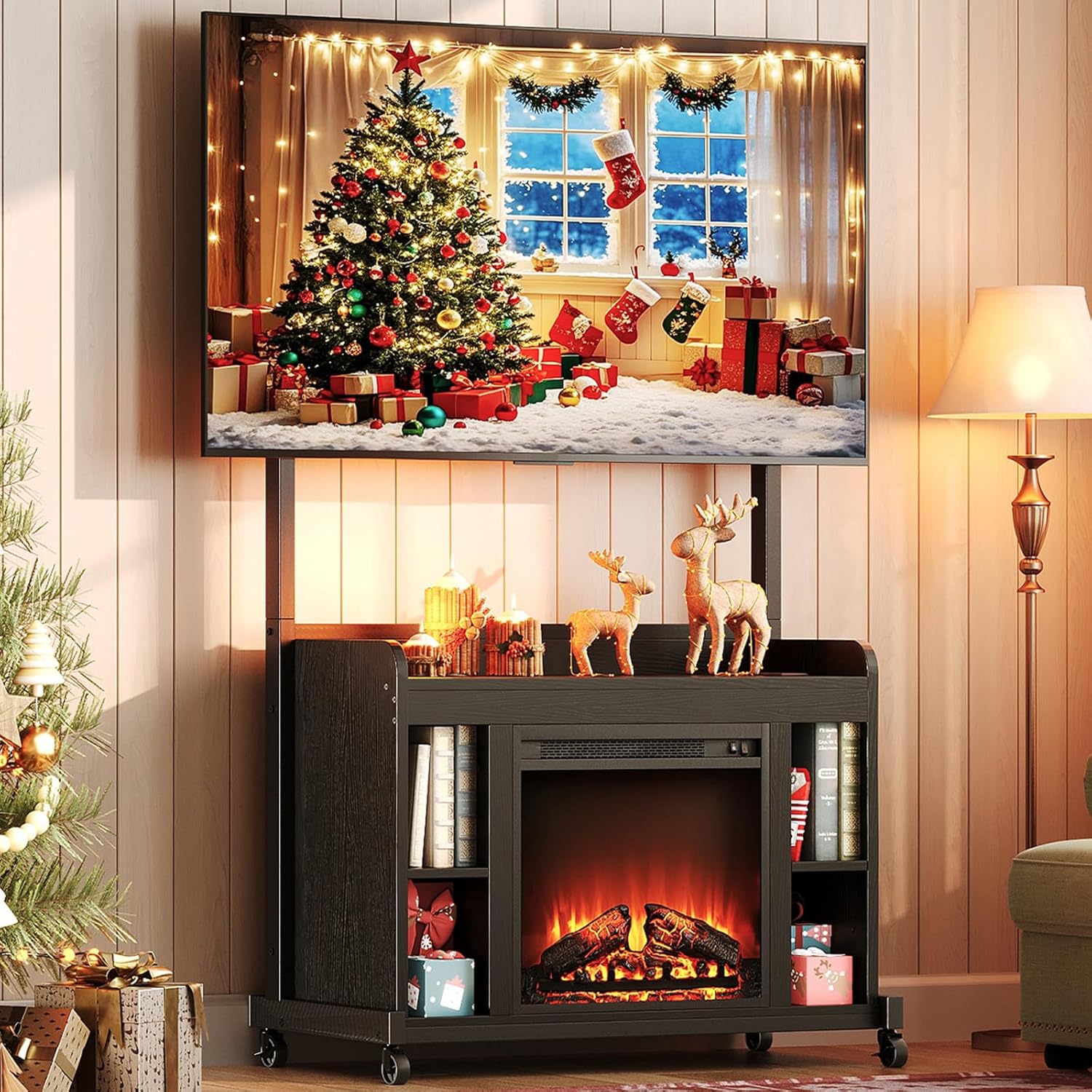 RALGEND Fireplace TV Stand with Mount for 45/55/60/65/75 inch TVs, Corner Entertainment Center with Power Outlet and 18' Electric Fireplace, Height Adjustable TV Console for Living Room Bedroom, Black