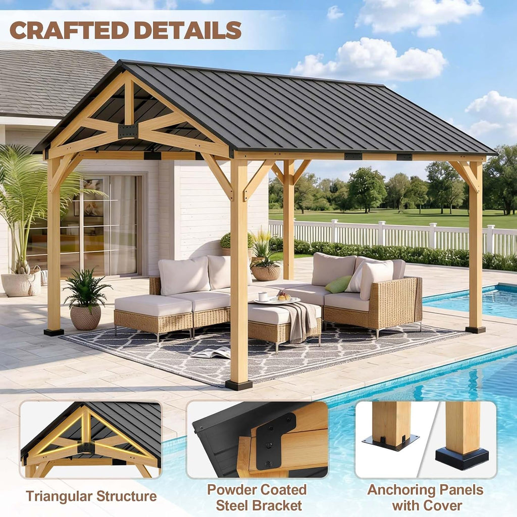 13x15 Hardtop Gazebo, Galvanized Steel Gable Roof Exposed Beam A-Frame Outdoor Pavilion with Cedar Wood Frame, Patio Gazebo for Deck, Garden, Lawn, Natural Wood/Black