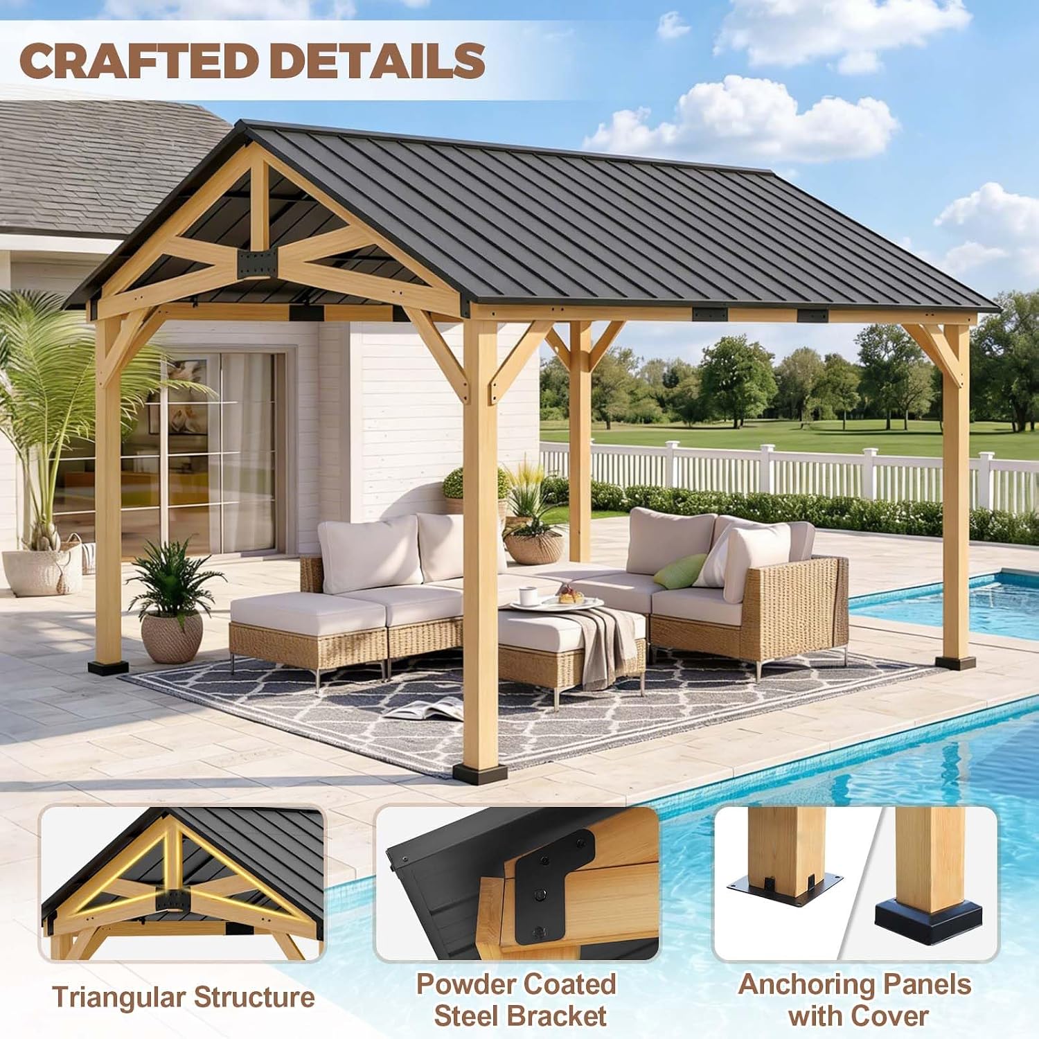 13x15 Hardtop Gazebo, Galvanized Steel Gable Roof Exposed Beam A-Frame Outdoor Pavilion with Cedar Wood Frame, Patio Gazebo for Deck, Garden, Lawn, Natural Wood/Black