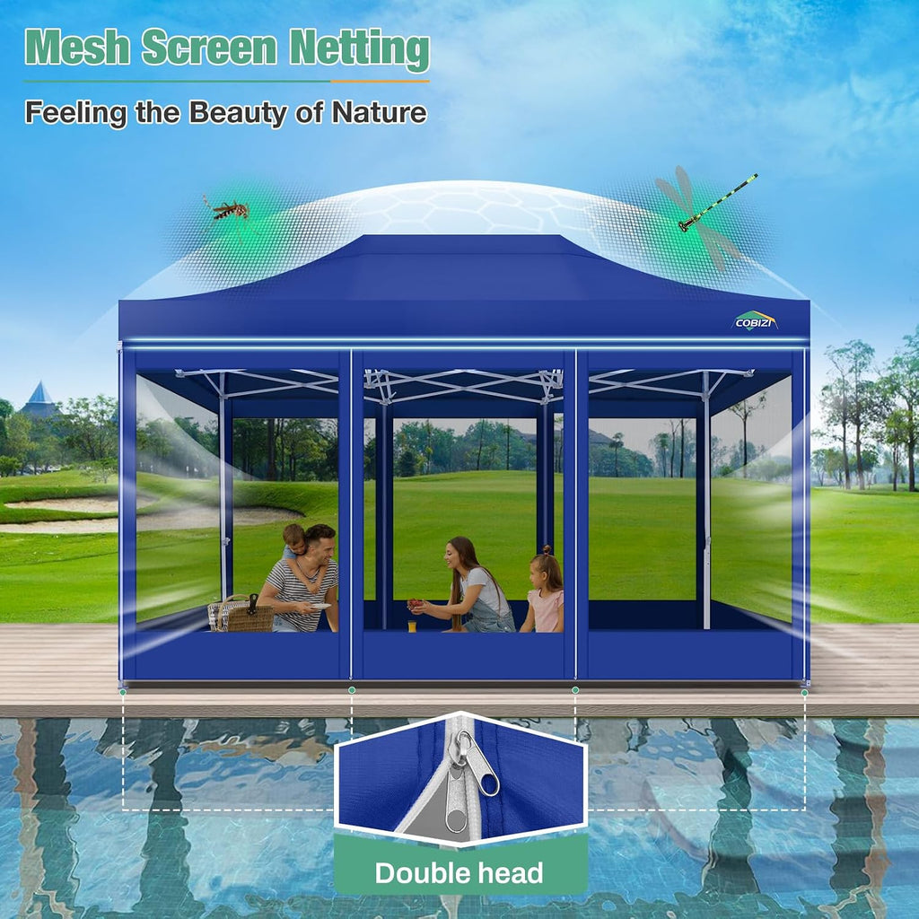 COBIZI 10x15 Canopy Tent, Heavy Duty Pop up Canopy with Sidewalls, Waterproof Easy Setup Canopy with Mosquito Netting, Outdoor Instant Screen Tents for Parties, Backyard with Carry Bag, Dark Blue