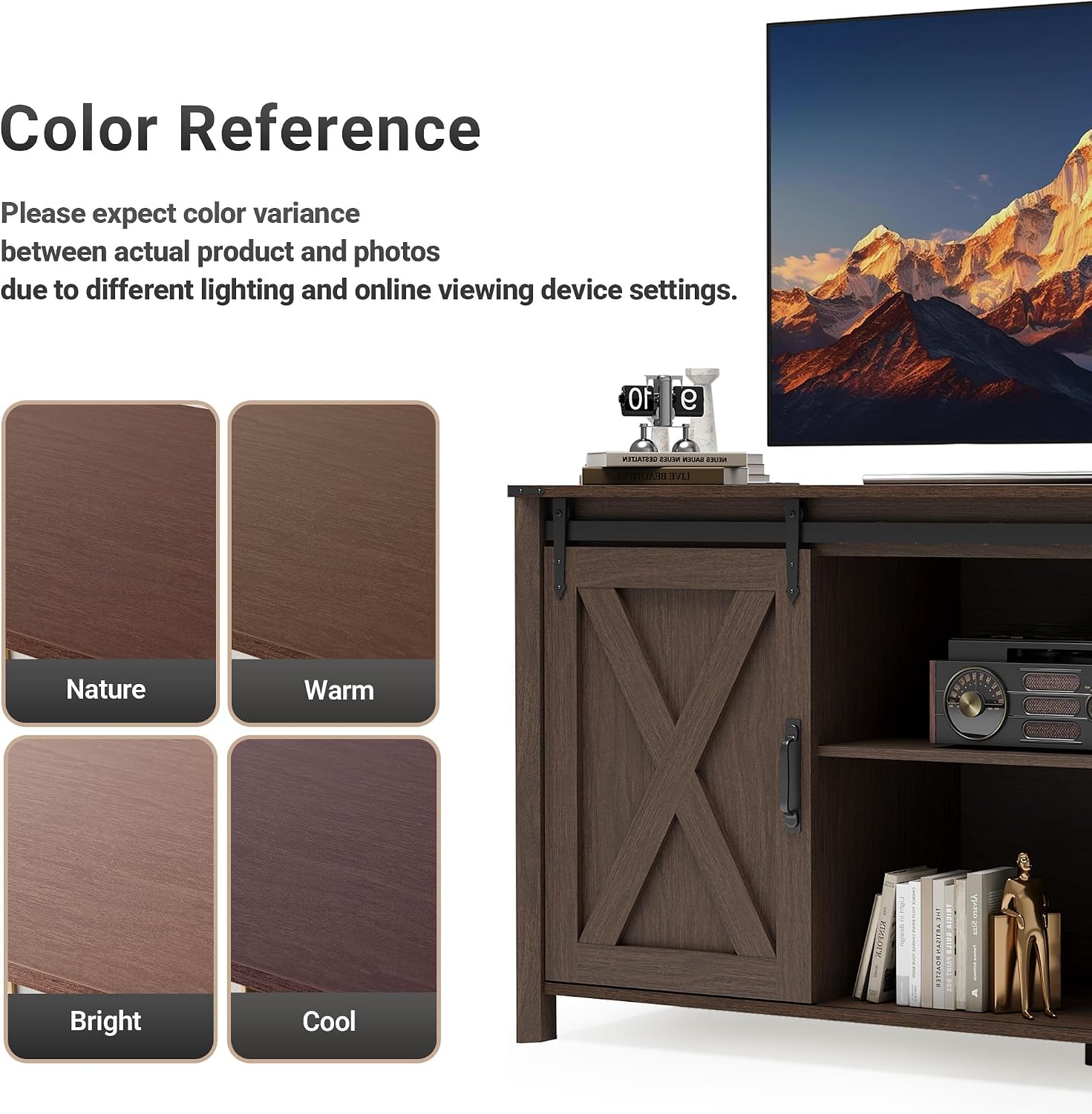 Claiks Farmhouse TV Stand with Power Outlet for TV up to 65', Modern Entertainment Center with Sliding Barn Door & Cabinet, Rustic Media TV Console Table for Living Room, Walnut