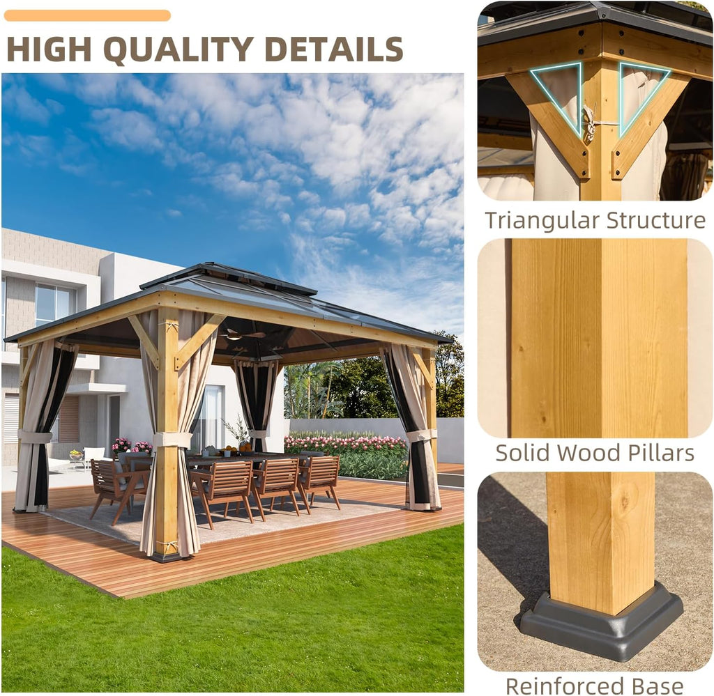YOLENY 12'x14' Hardtop Wood Outdoor Gazebo, Polycarbonate Double Roof, Netting and Curtains, Patio Gazebo for Decks, Backyards, Lawns and Gardens