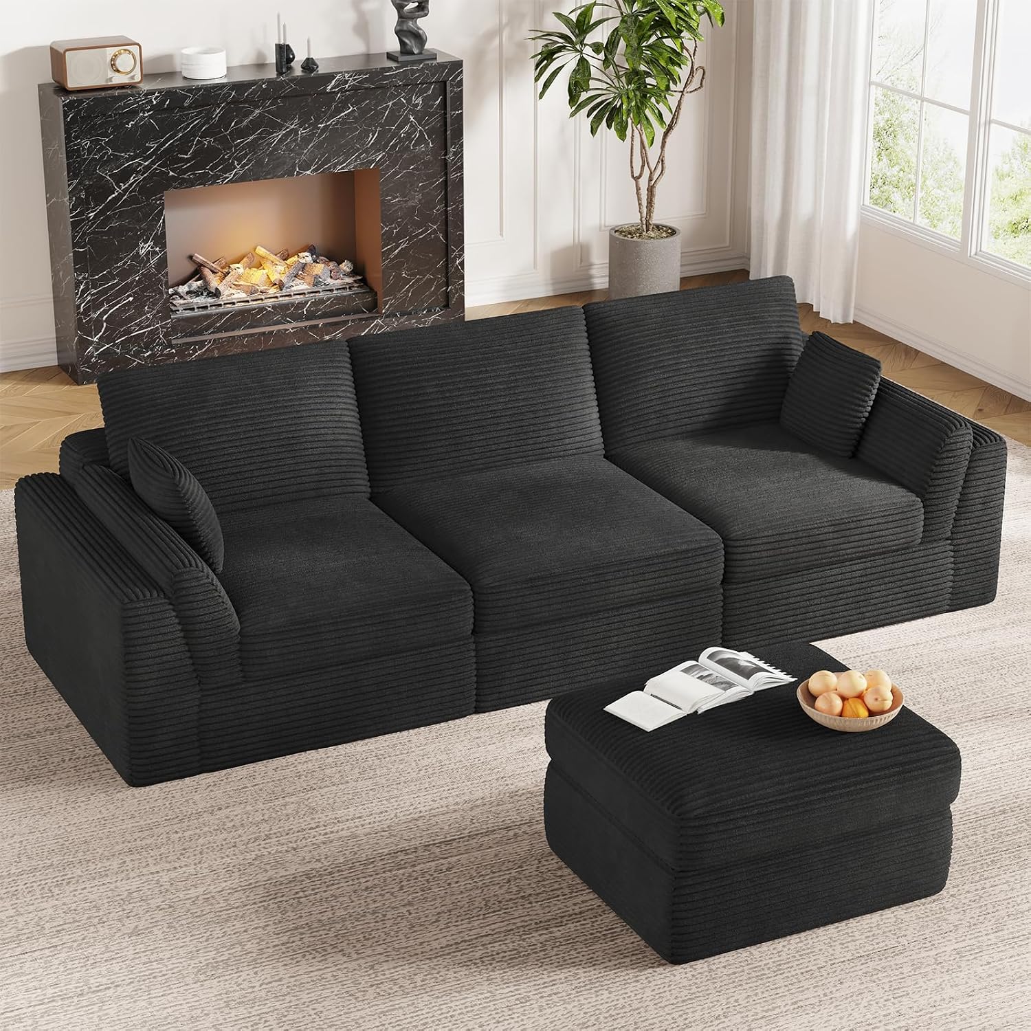 Vabches 106.6' Modular Sectional Sofa with Chaise, Comfy Cloud Sectional Couch, Modern L-Shape Corduroy Sofa with Deep Seat, Upholstered Couches for Living Room Bedroom,No Assembly Required (Black)