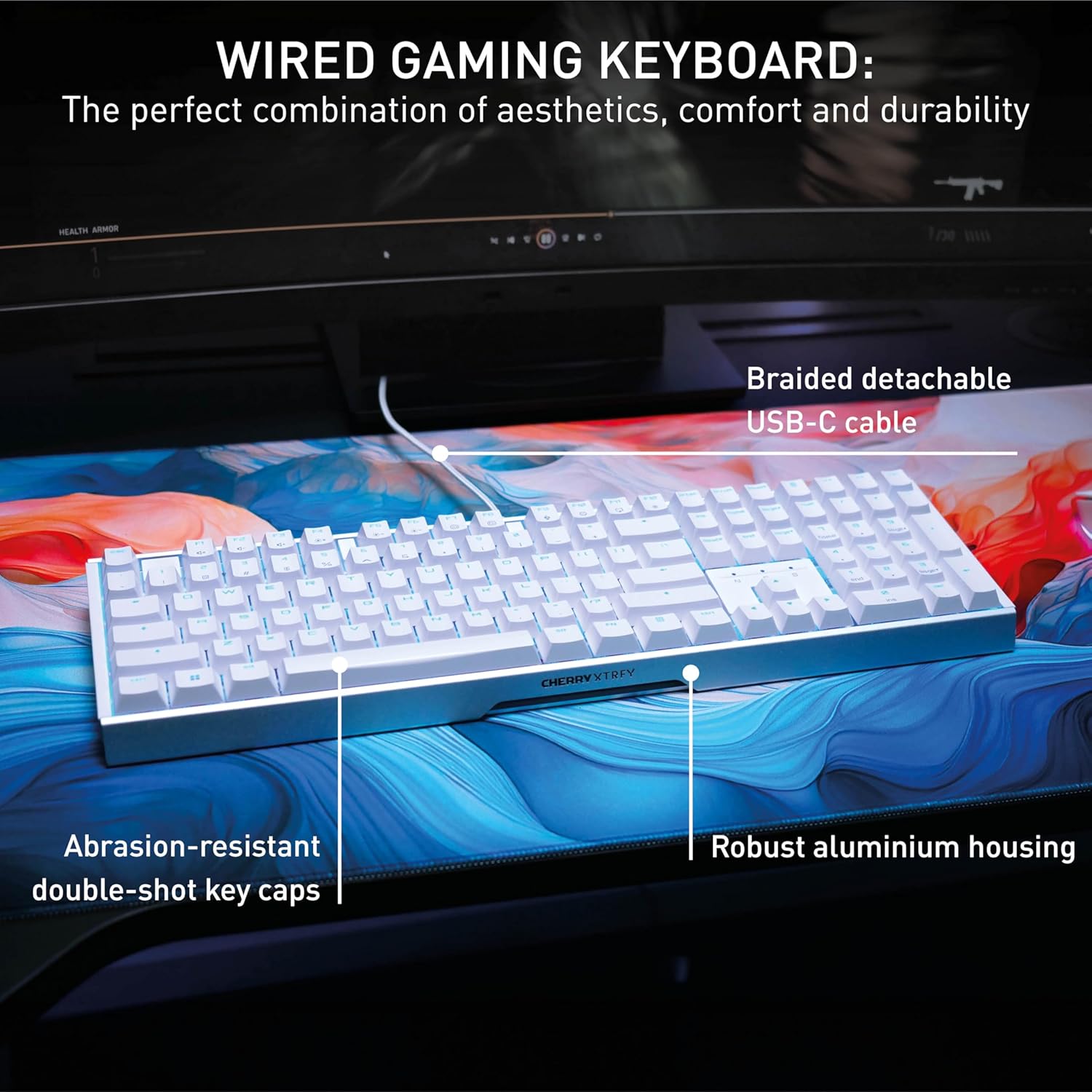MX 3.1, Wired Mechanical Gaming Keyboard, Durable Aluminum Housing, RGB Lighting, Integrated Damping Mechanisms, USB-A, MX2A Silent RED Switches, White