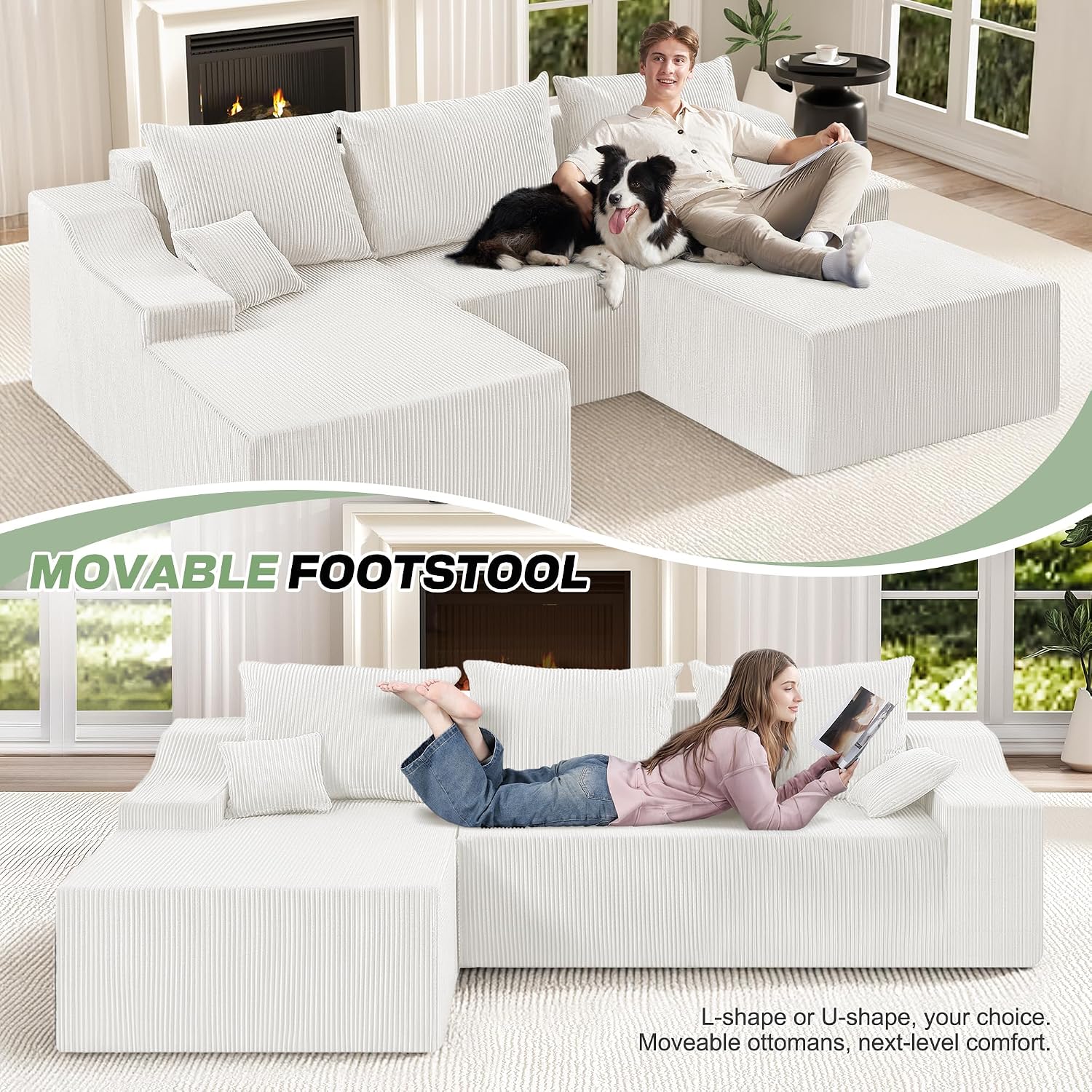 HABUTWAY 94' U Shaped Modular Sectional Couch for Living Room, Modular Cloud Sofa with Ottoman, No Assembly Boneless Couches with Deep Seat, Corduroy Fabric (Beige, Left Facing) | Cloud Sofa, With Ottoman, No Assembly, Boneless, Deep Seat, Corduroy Fabric