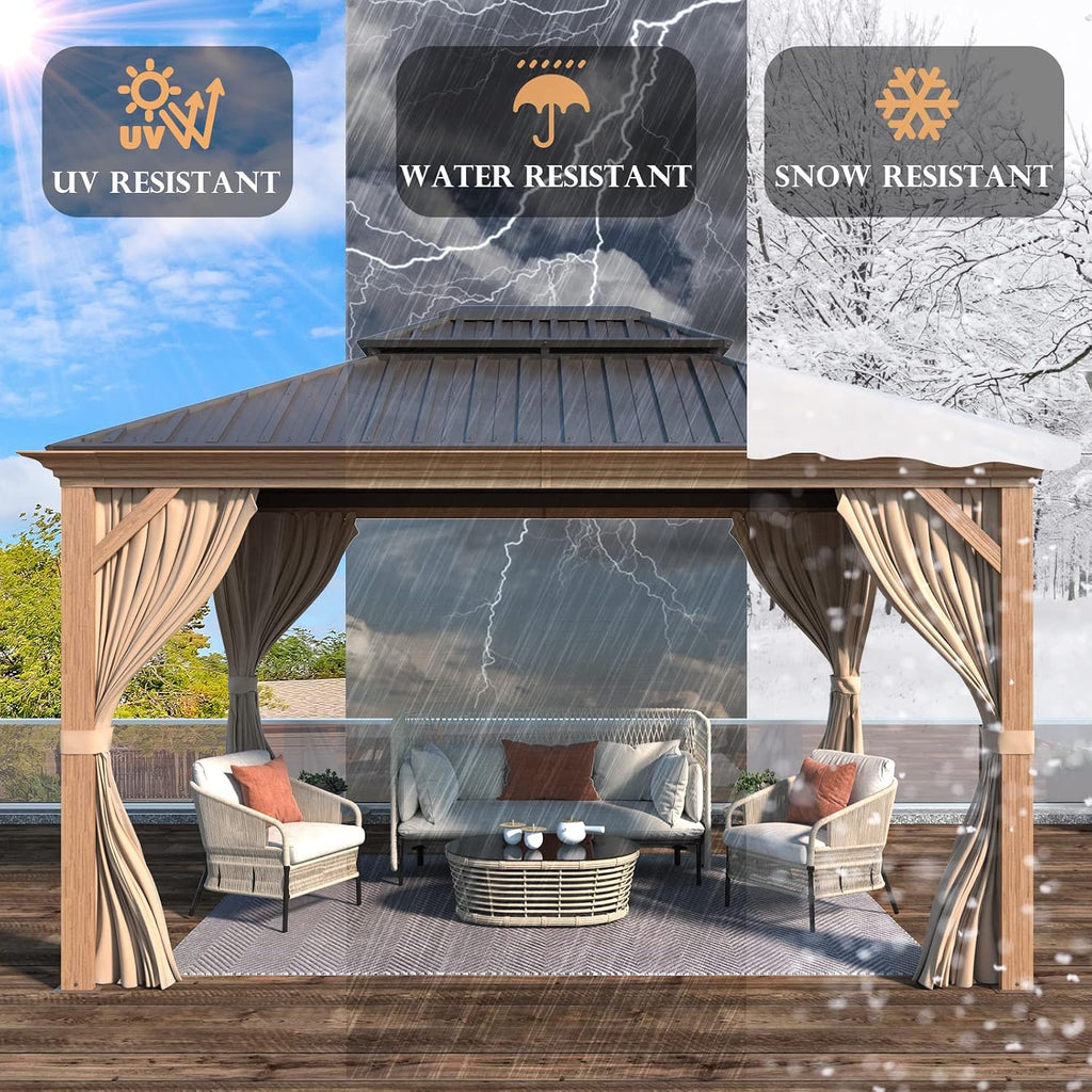 MELLCOM 10'x12' Hardtop Gazebo, Wooden Finish Coated Aluminum Frame Canopy with Galvanized Steel Roof, Outdoor Metal Gazebos with Curtains and Nettings for Patio, Backyard, Deck and Lawns