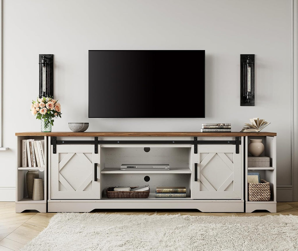 WAMPAT 3-in-1 Modern FarmhouseTV Stand for up to 85' TV, 23.6' H Wood Entertainment Center with Sliding Barn Door and Adjustable Media Storage Shelf for Living Room, Antique White