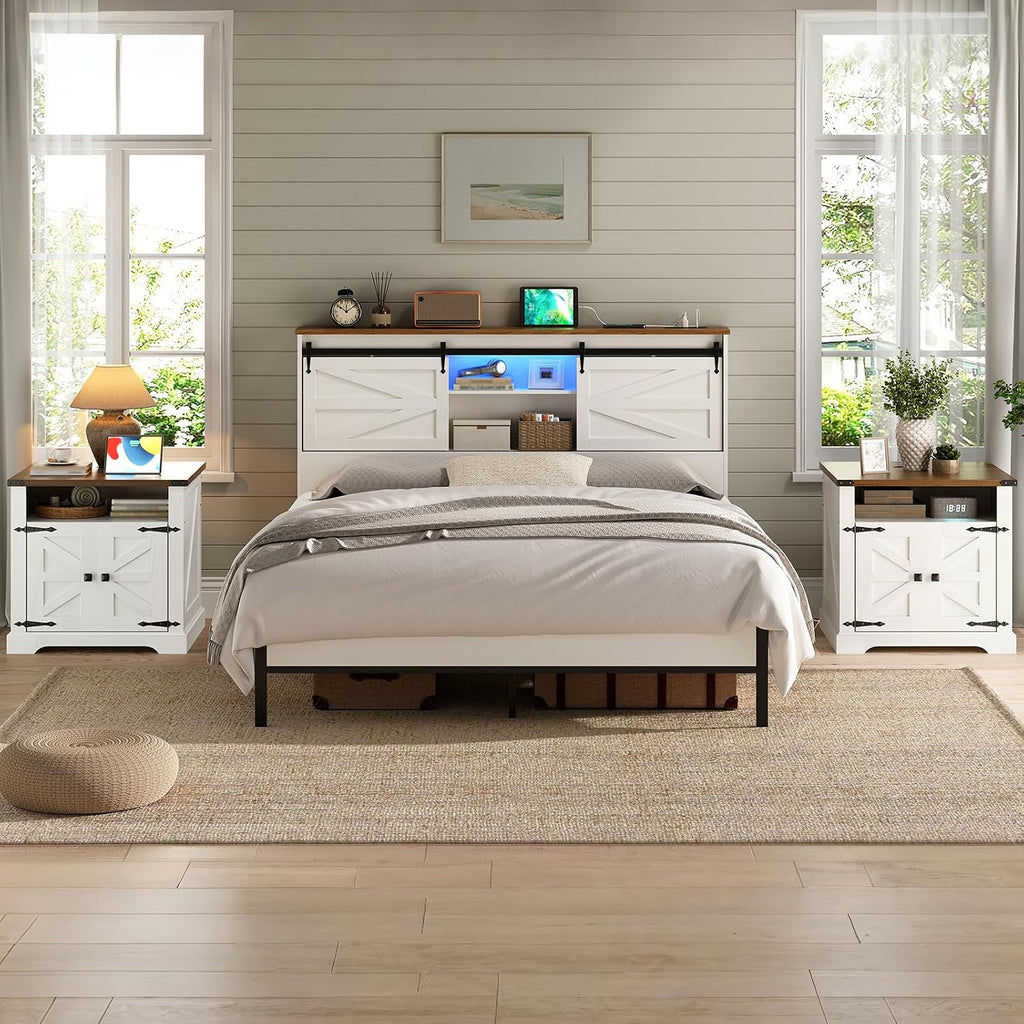 HOOBRO Farmhouse End Table with Charging Station, 23.6' Large End Tables for Living Room, Sofa Side Table with Barn Door, Wooden Square Nightstand Bedside Table, Flip Top, White and Walnut WH601UBZ01