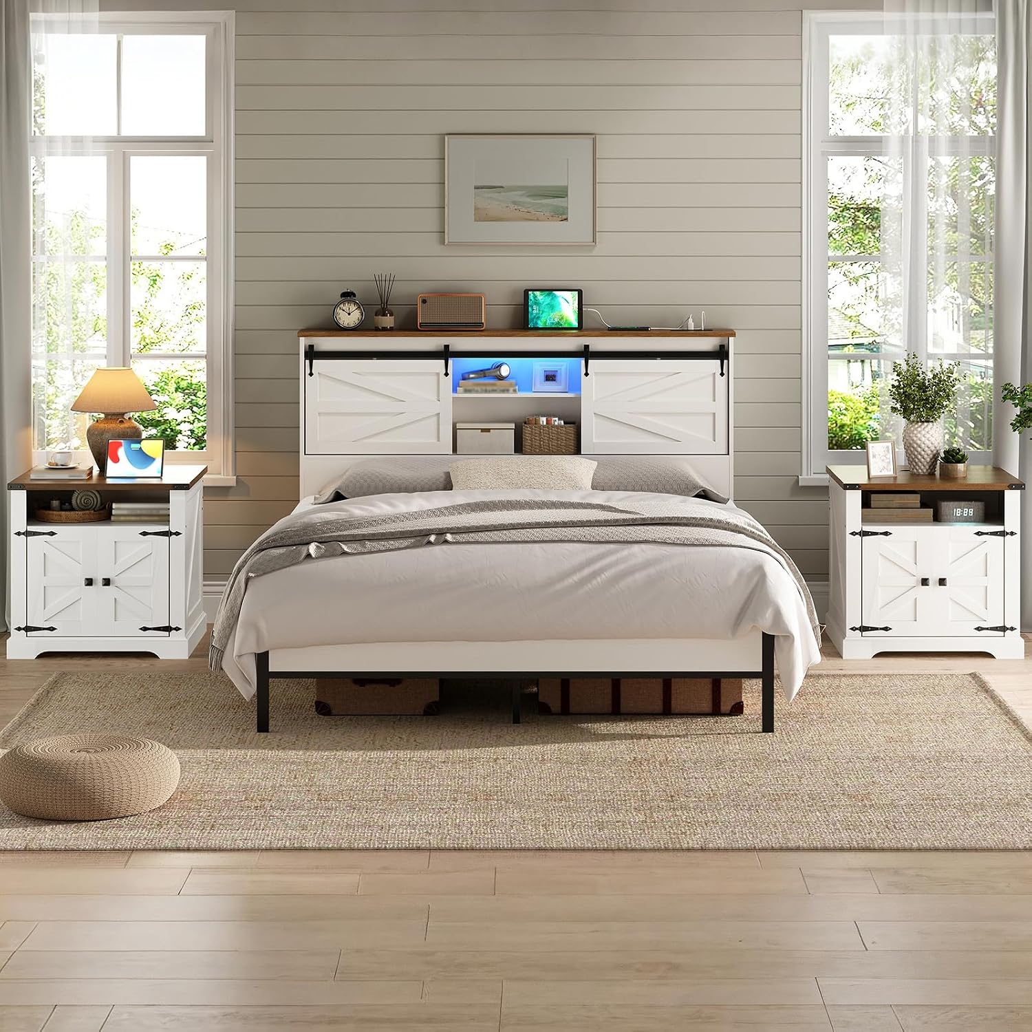 HOOBRO Farmhouse End Table with Charging Station, 23.6' Large End Tables for Living Room, Sofa Side Table with Barn Door, Wooden Square Nightstand Bedside Table, Flip Top, White and Walnut WH601UBZ01
