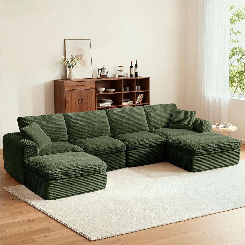 138' Modular Sectional Sofa Couches U Shaped Couch 4 Seater Cloud Sofa Memory Foam Sectional Couches for Living Room, Boneless Couch with Ottoman, Corduroy, Green