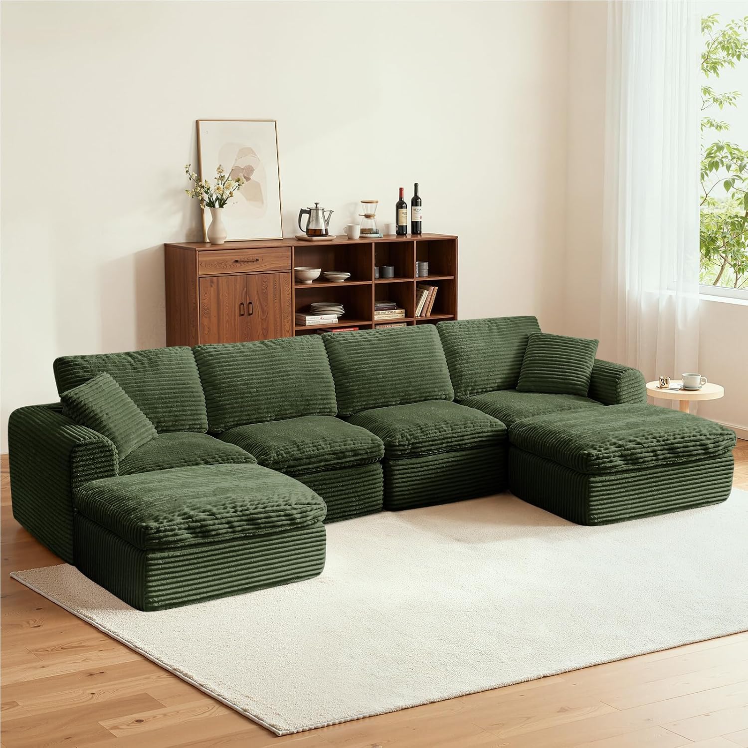 138' Modular Sectional Sofa Couches U Shaped Couch 4 Seater Cloud Sofa Memory Foam Sectional Couches for Living Room, Boneless Couch with Ottoman, Corduroy, Green