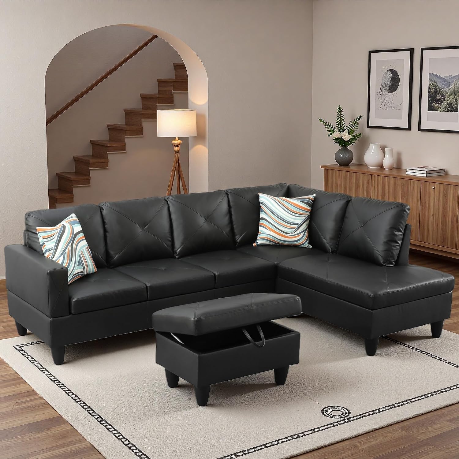97.5' L Shaped Couch Set, Modular Sectional Couches for Living Room with Storage Ottoman, 4 Seat Home Sofa Living Room Furniture Sets with Chaise for Apartment Office (Faux Leather, Black)