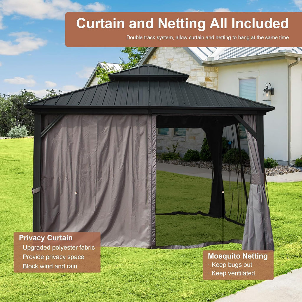 12' x 12' Hardtop Gazebo, Outdoor Aluminum Gazebo with Galvanized Steel Double Roof Canopy, Outdoor Permanent Metal Pavilion with Curtains and Netting for Patio, Backyard and Lawn, Dark Grey